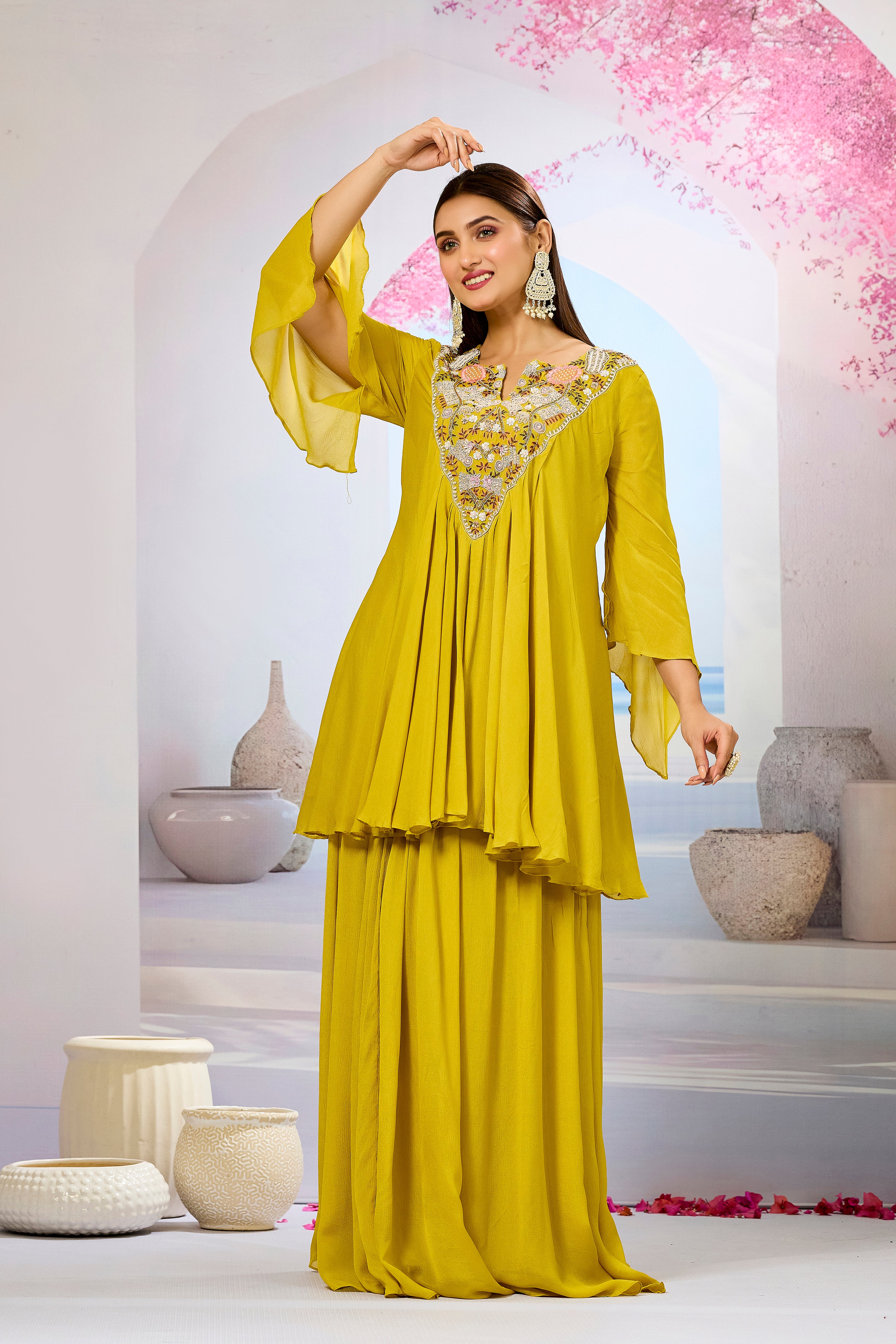 Mustard Embellished Chinon Silk Skirt Set