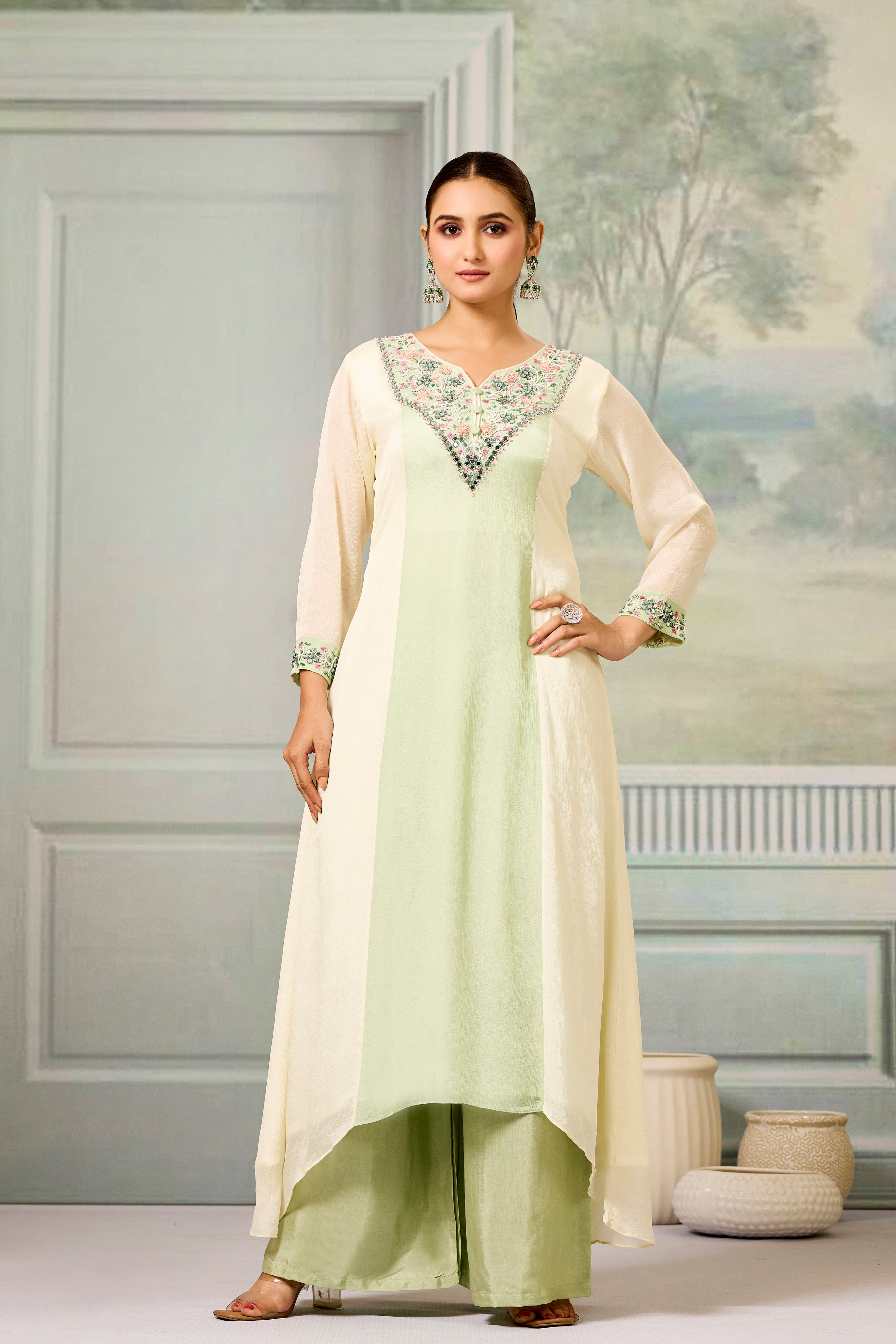 Cream Green Handwork Chinon Silk Palazzo Set