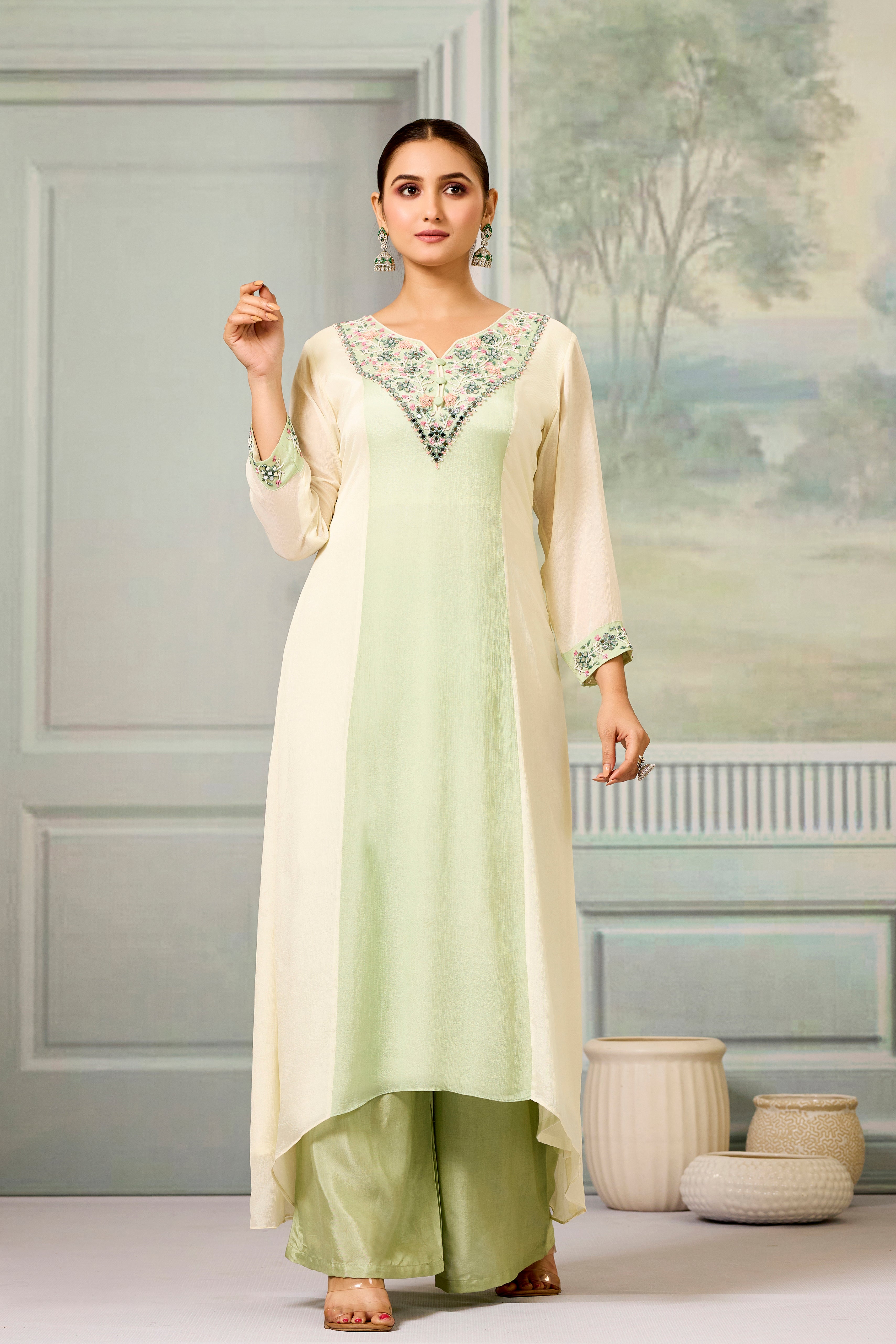 Cream Green Handwork Chinon Silk Palazzo Set