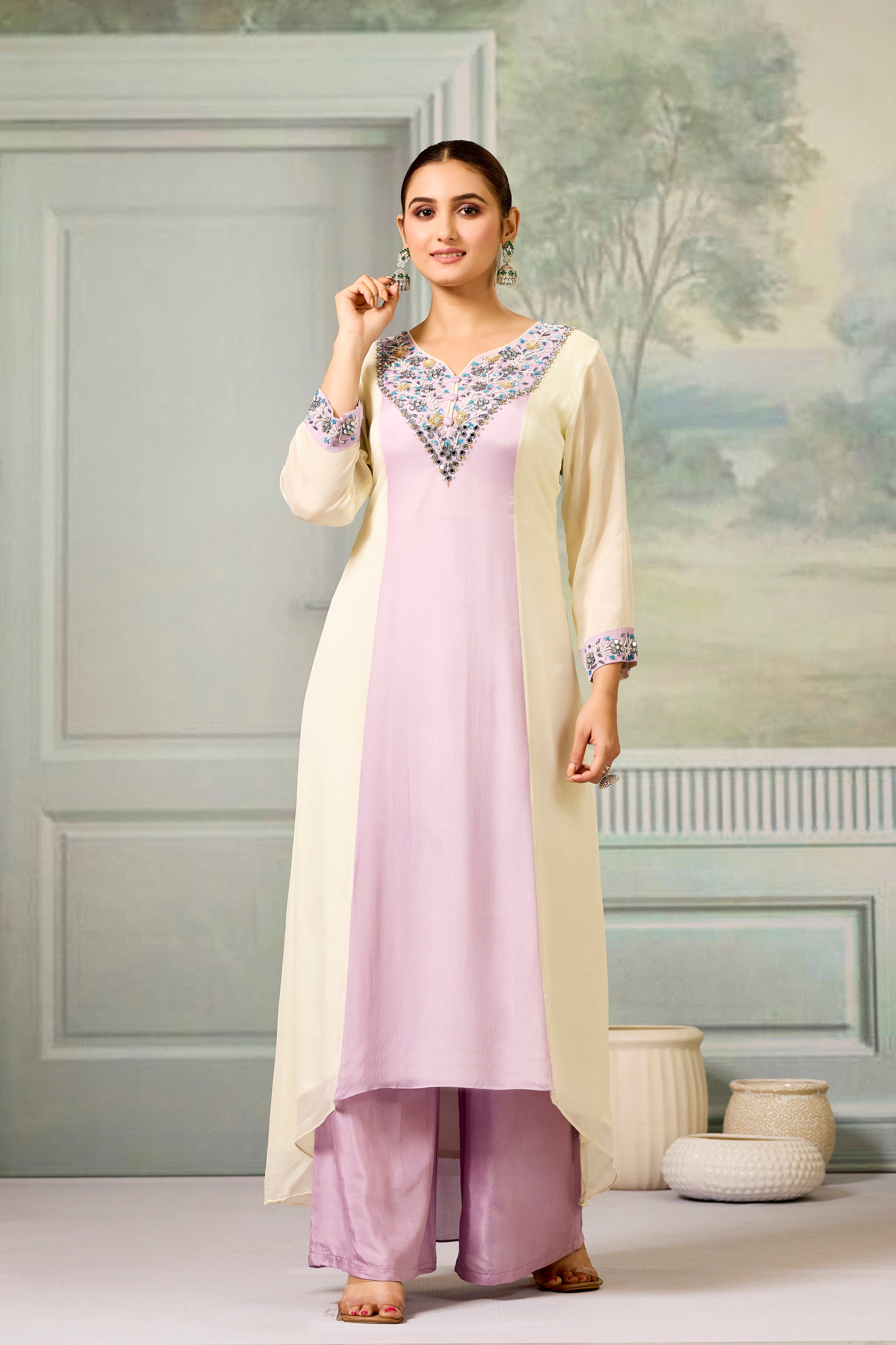 Cream Lavender Handwork Chinon Silk Palazzo Set