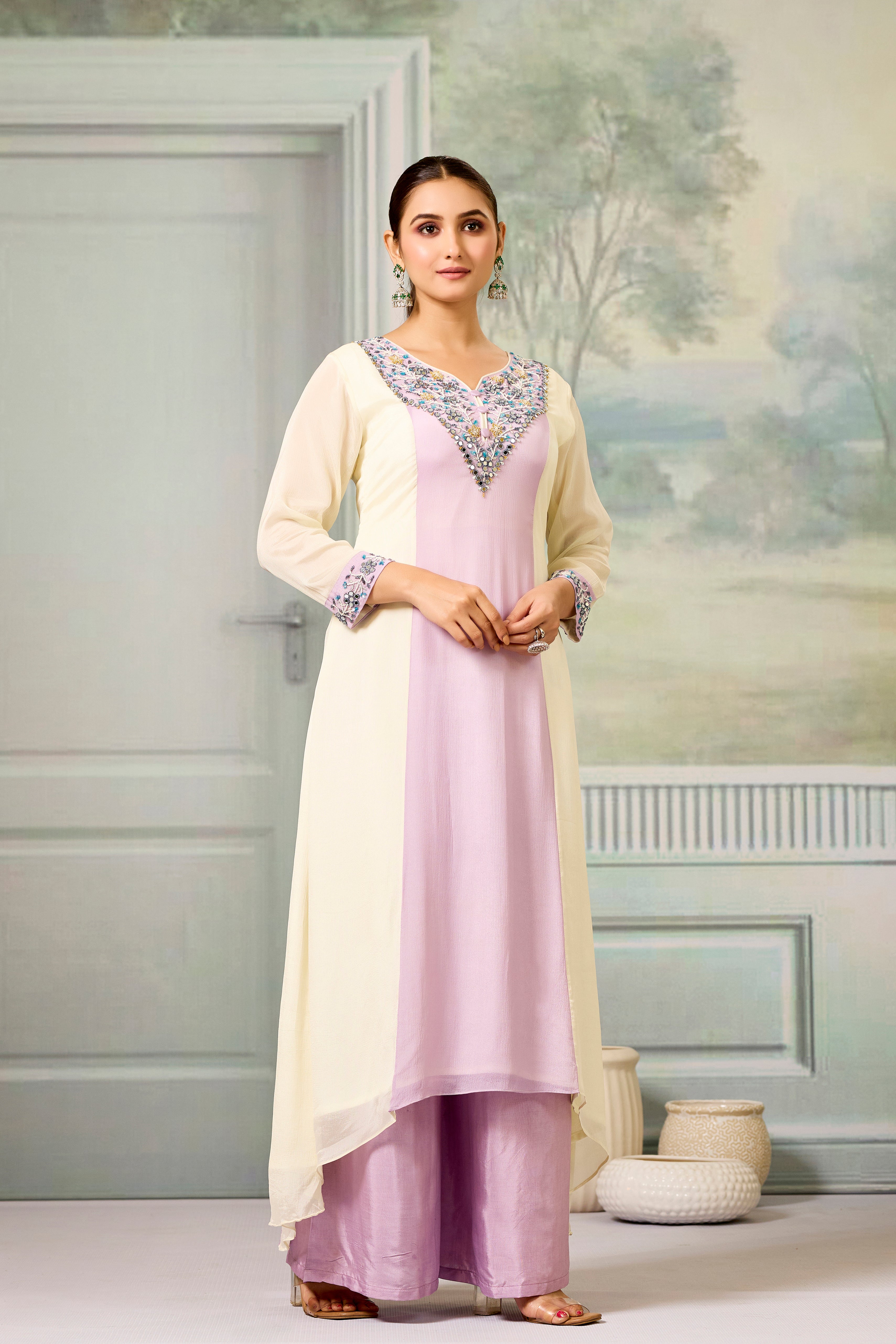 Cream Lavender Handwork Chinon Silk Palazzo Set