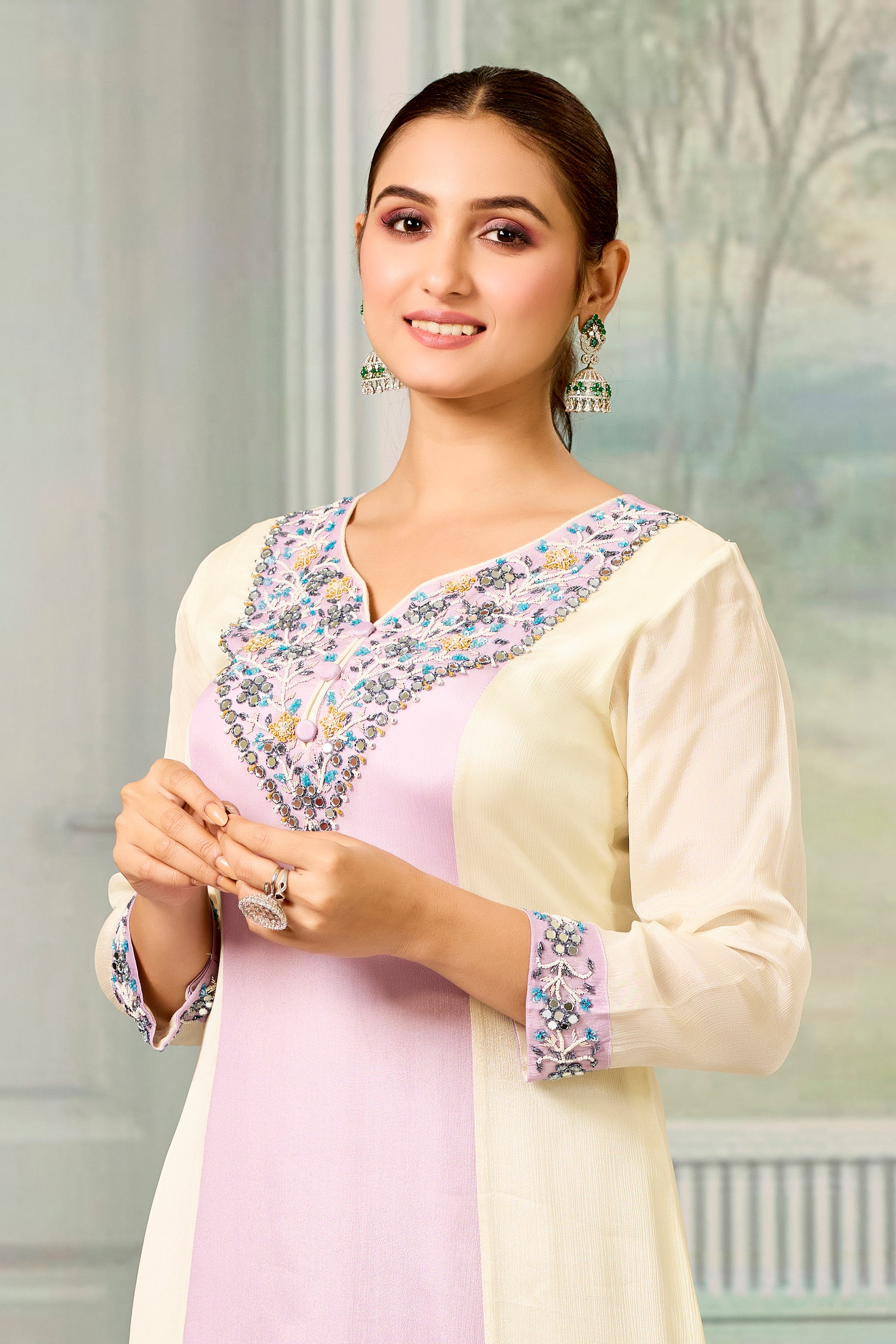 Cream Lavender Handwork Chinon Silk Palazzo Set