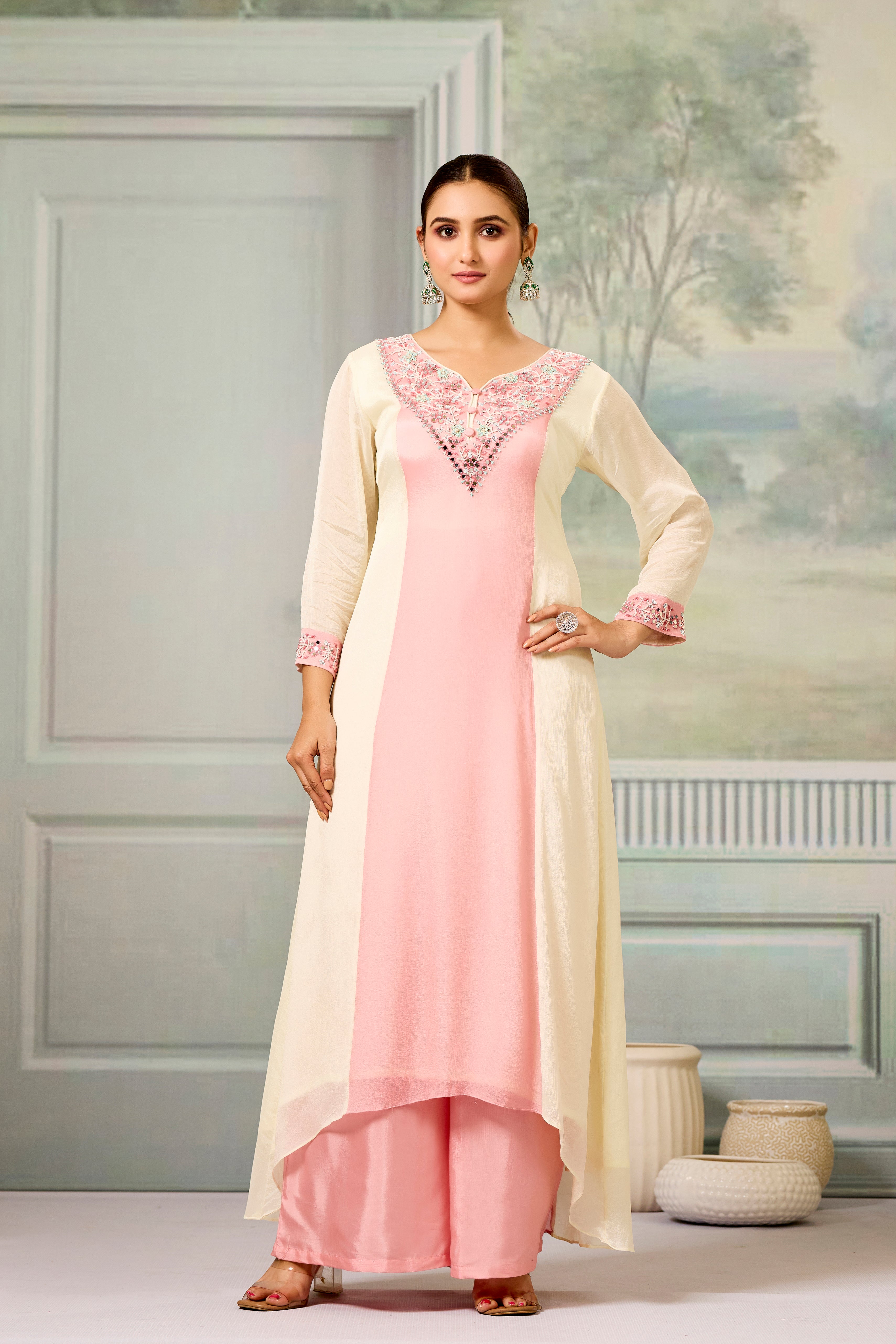 Cream Peach Handwork Chinon Silk Palazzo Set