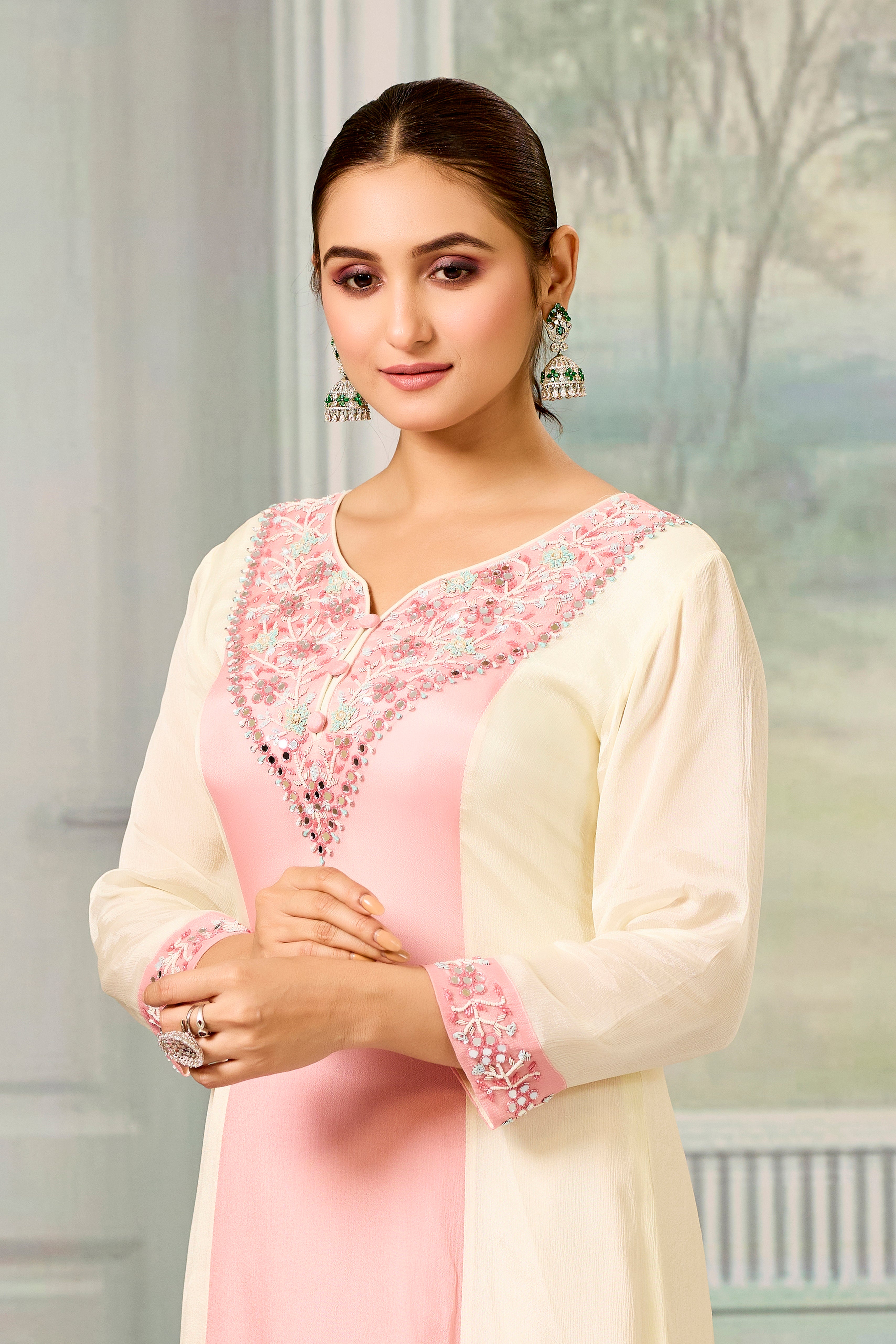 Cream Peach Handwork Chinon Silk Palazzo Set