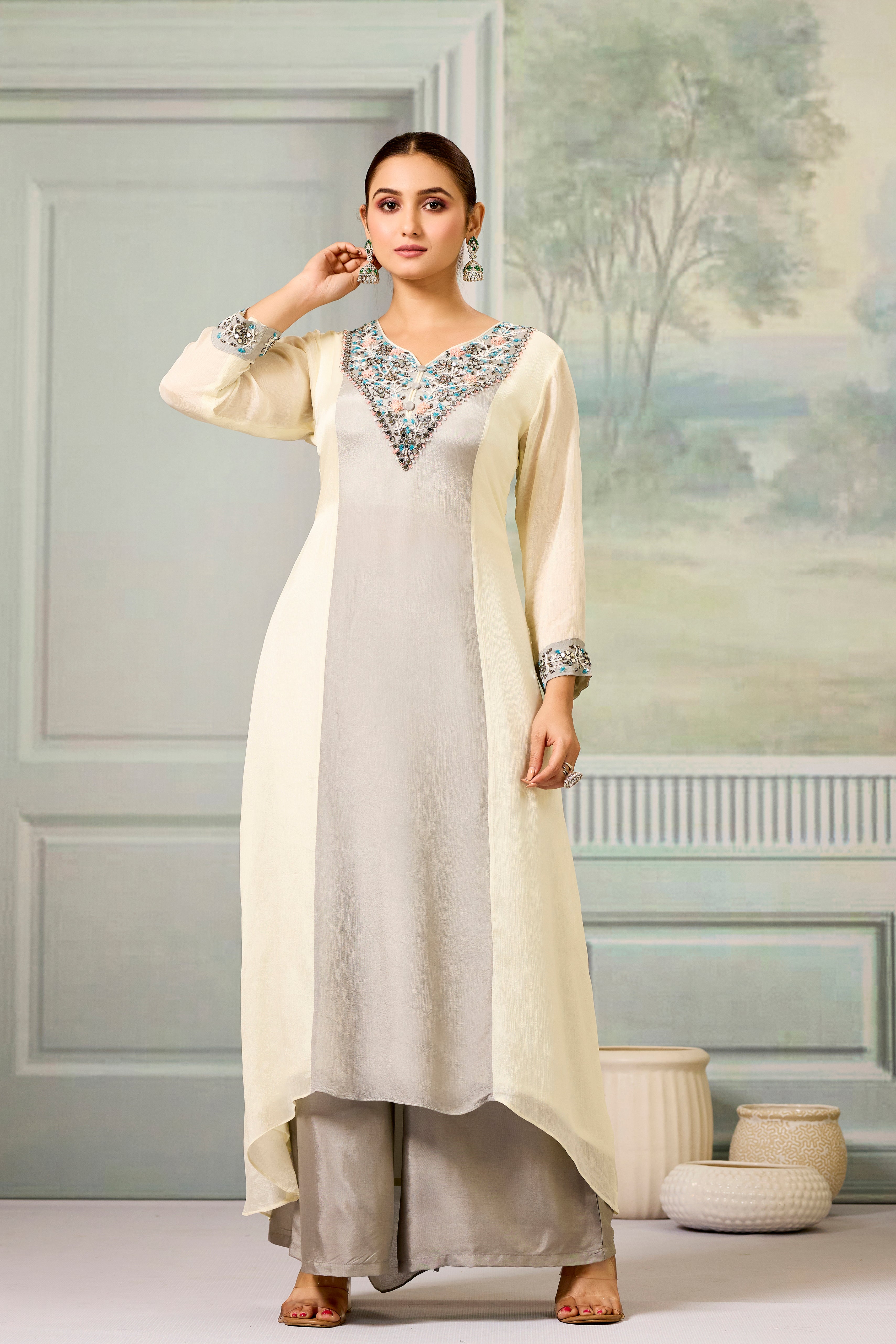 Cream Grey Handwork Chinon Silk Palazzo Set