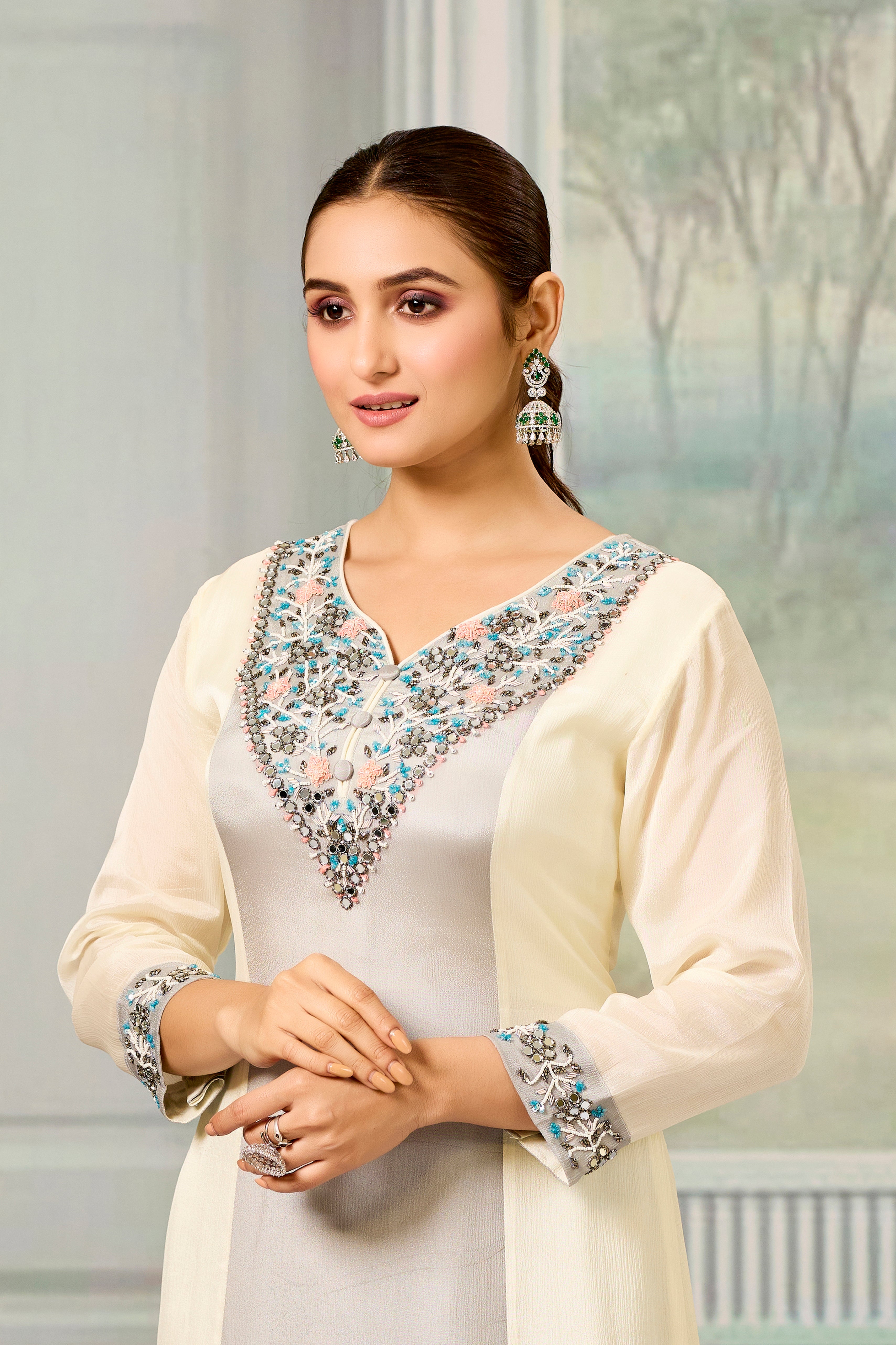 Cream Grey Handwork Chinon Silk Palazzo Set