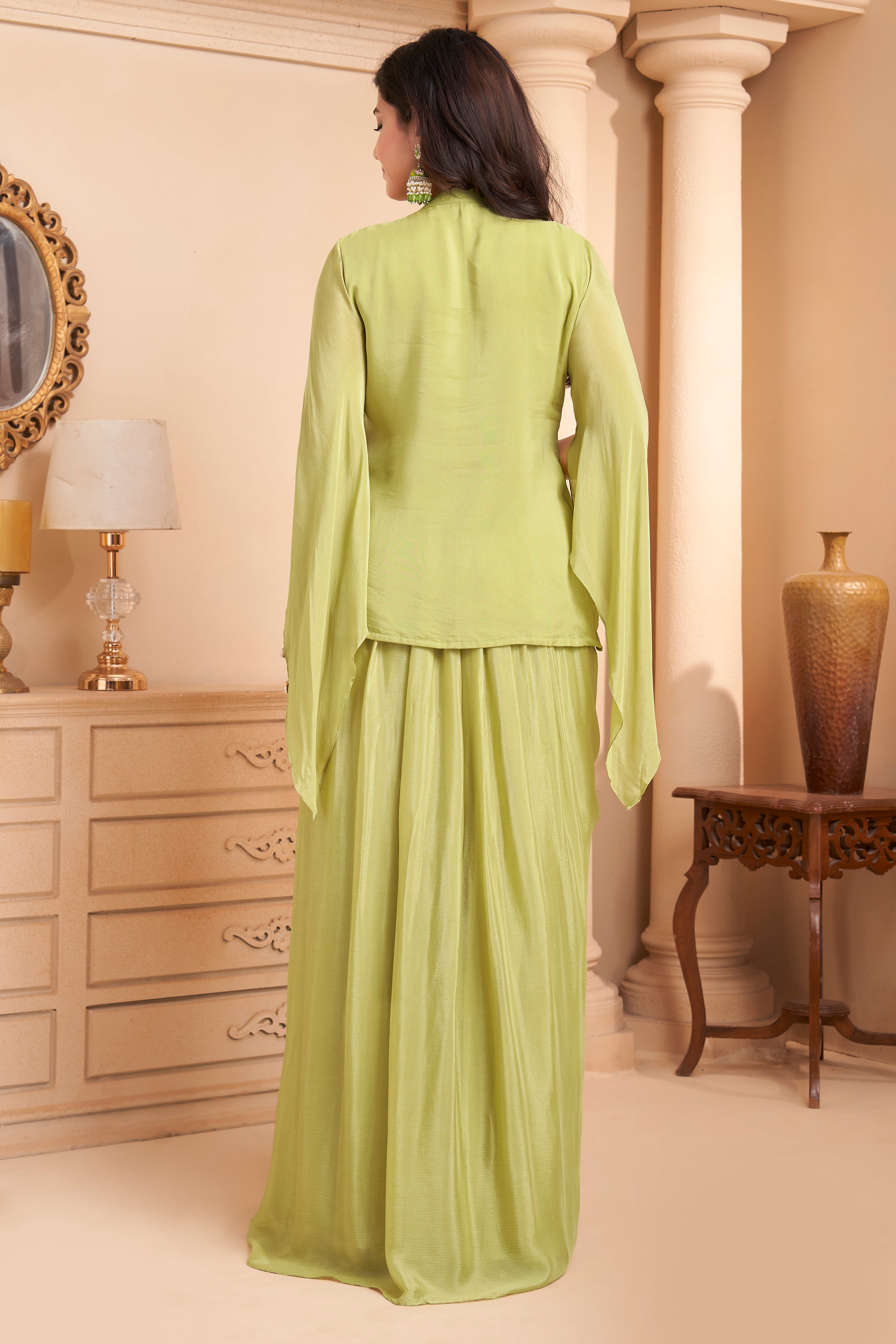 Pastel Lime Green Embellished Chinon Silk Skirt Set