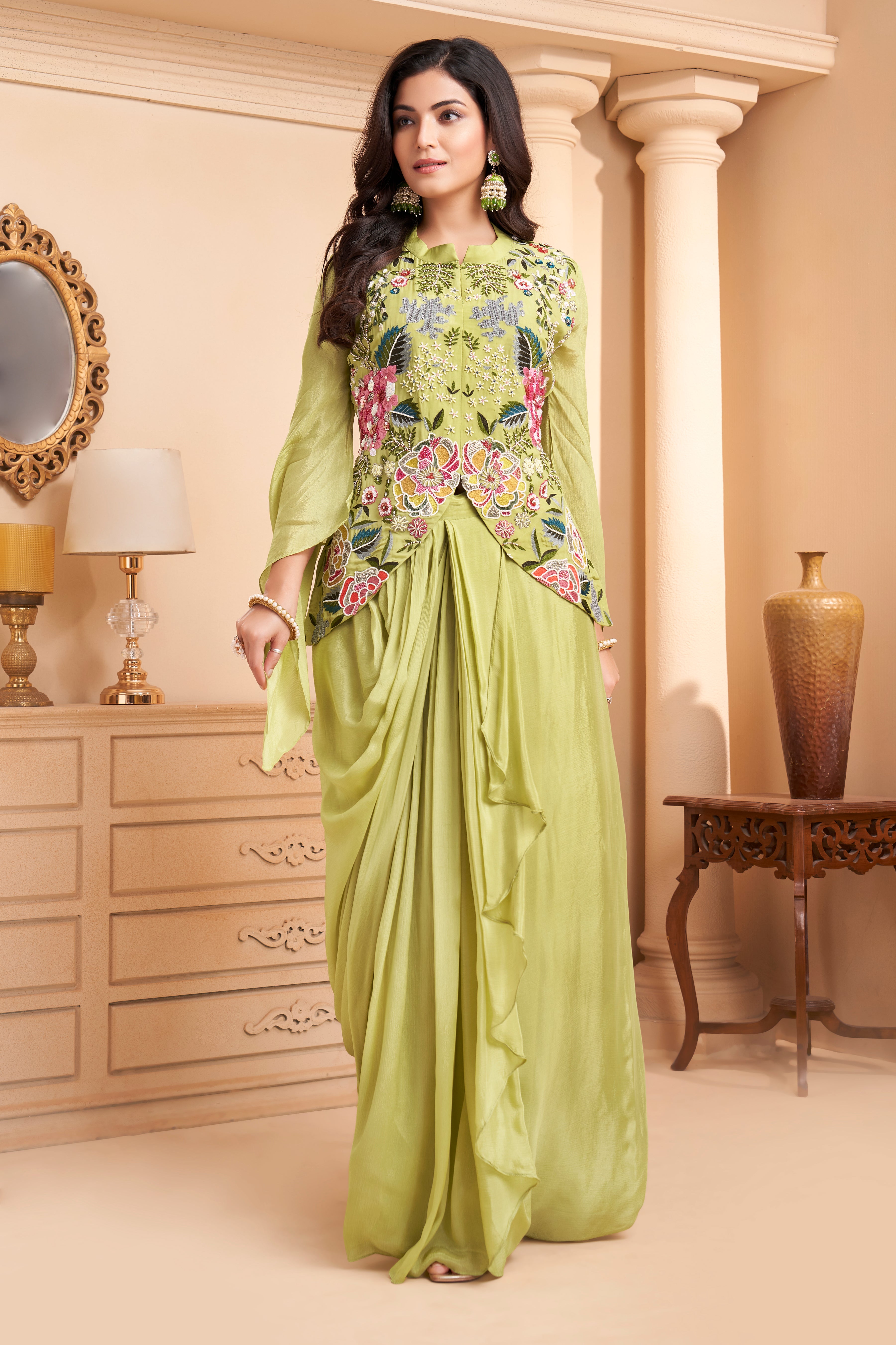 Pastel Lime Green Embellished Chinon Silk Skirt Set