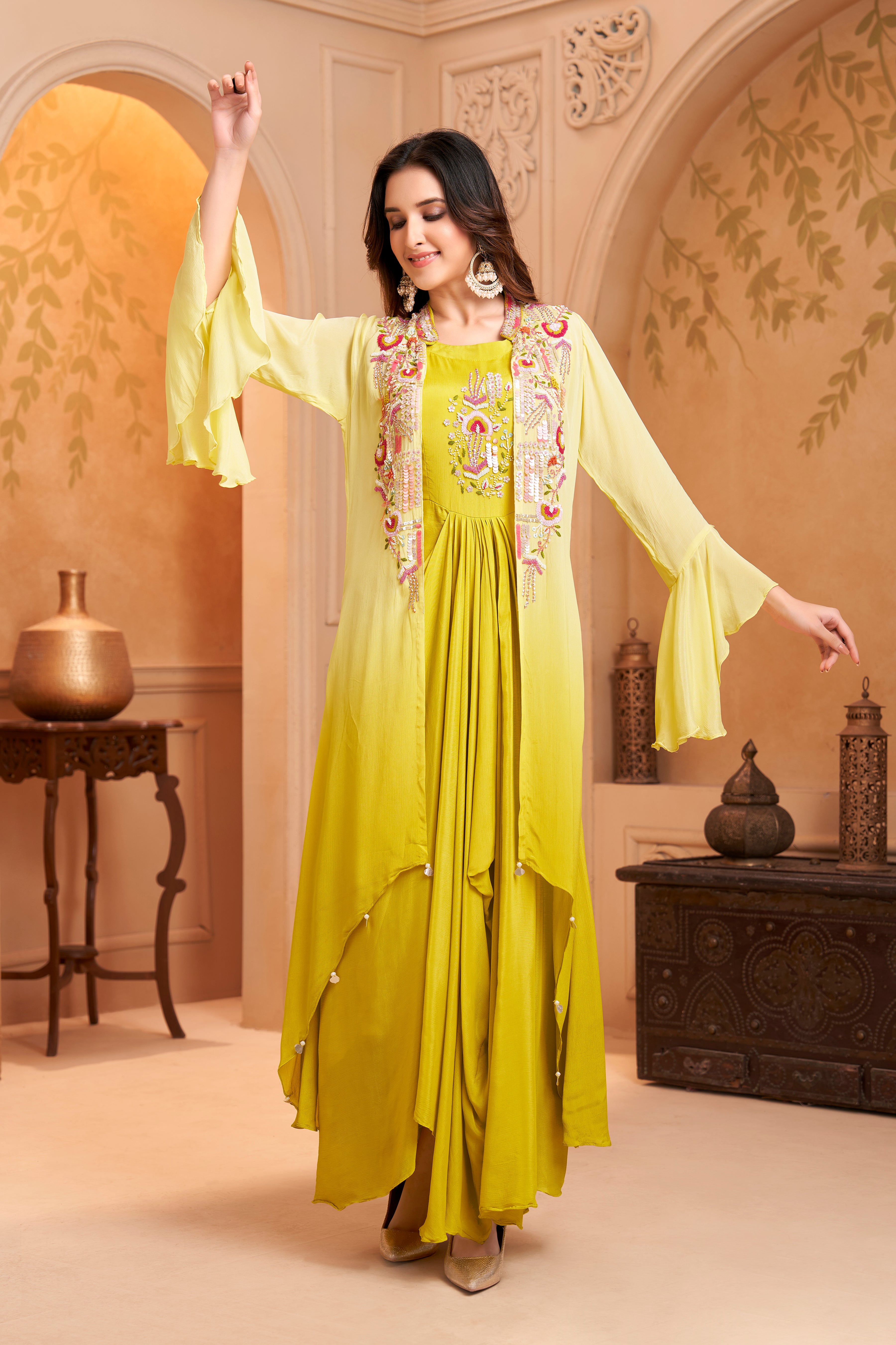 Lime Yellow Ombre Embellished Chinon Silk Dress