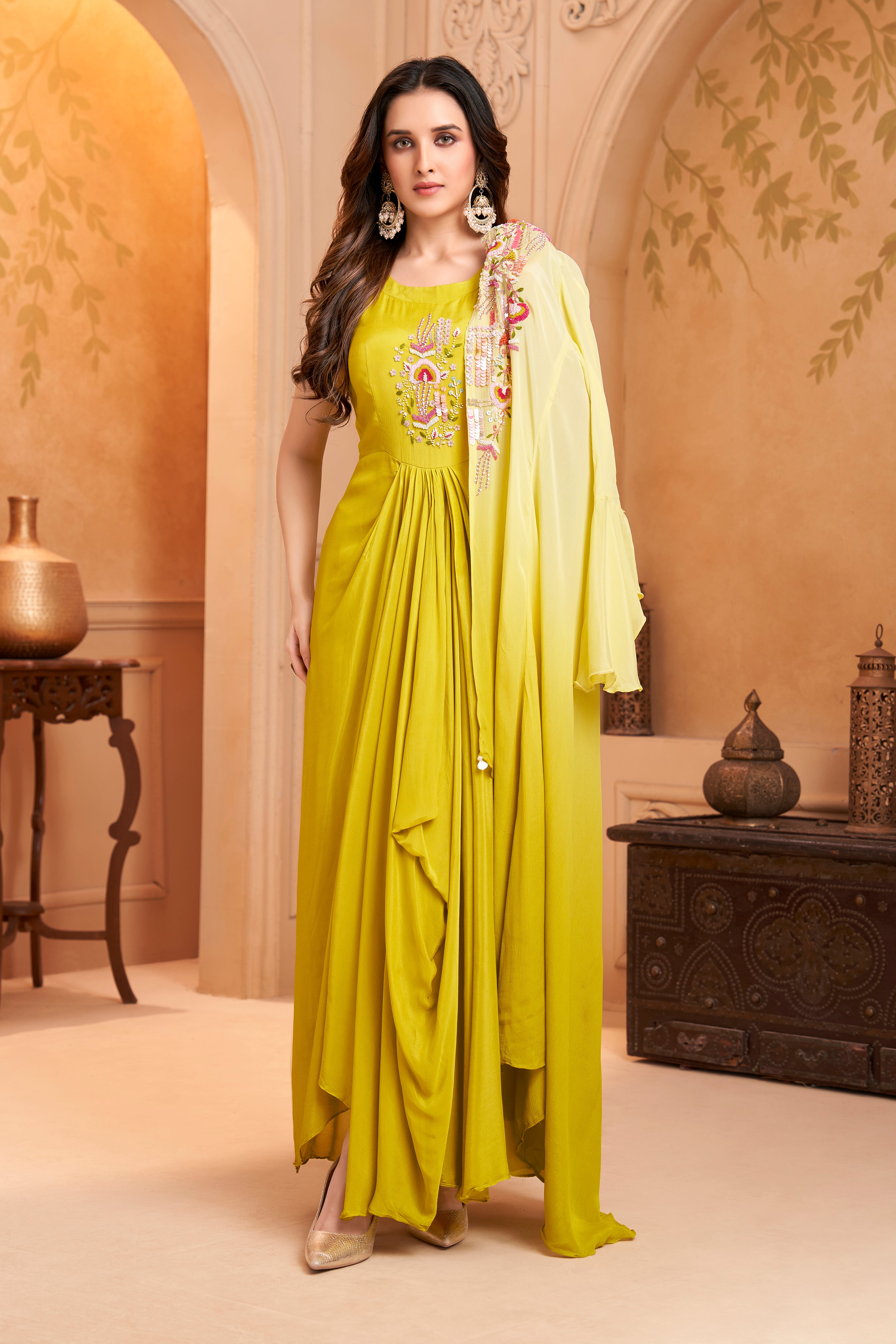 Lime Yellow Ombre Embellished Chinon Silk Dress