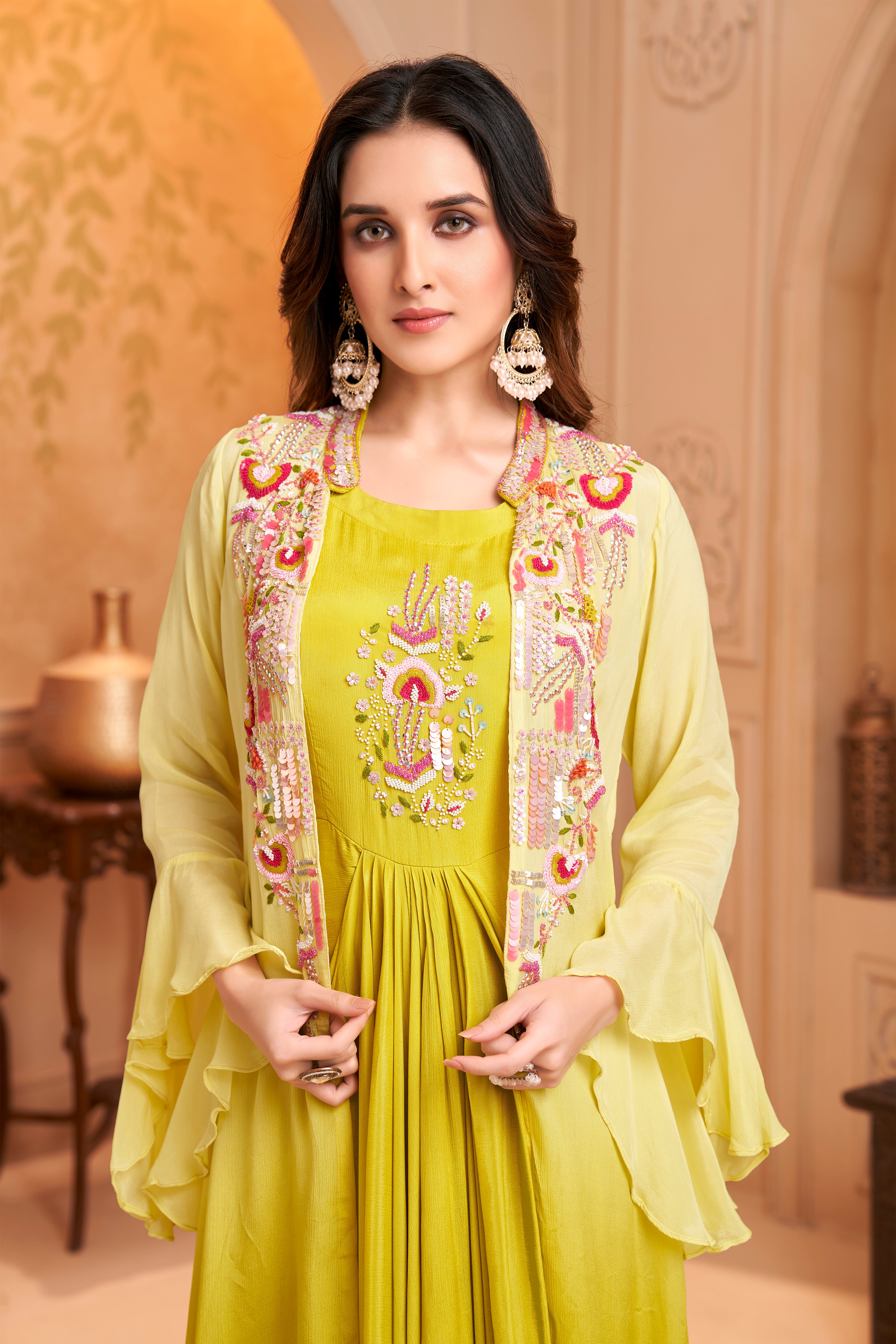 Lime Yellow Ombre Embellished Chinon Silk Dress