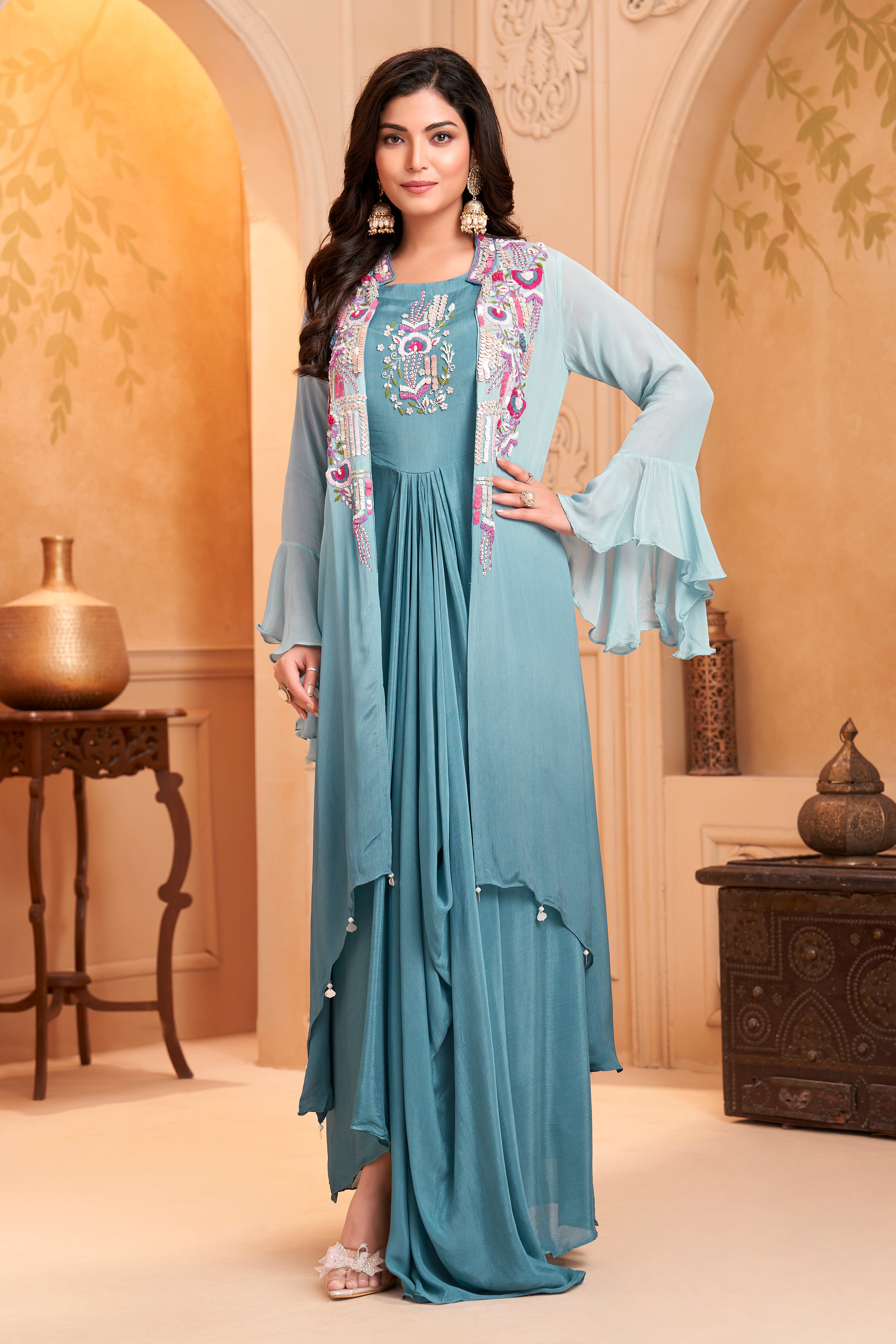 Dusty Blue Ombre Embellished Chinon Silk Dress