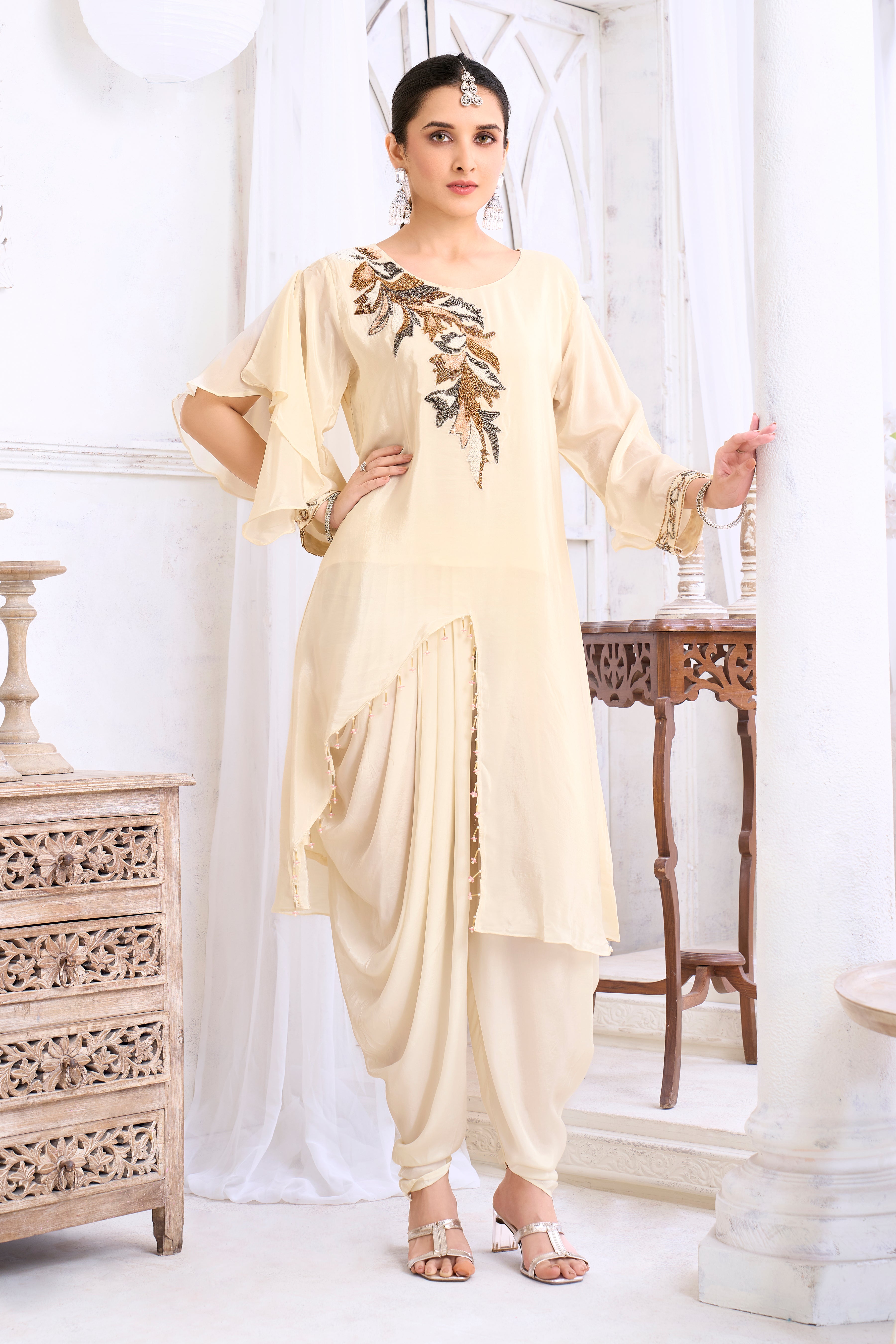 Off-White Embellished Crepe Silk Dhoti Set