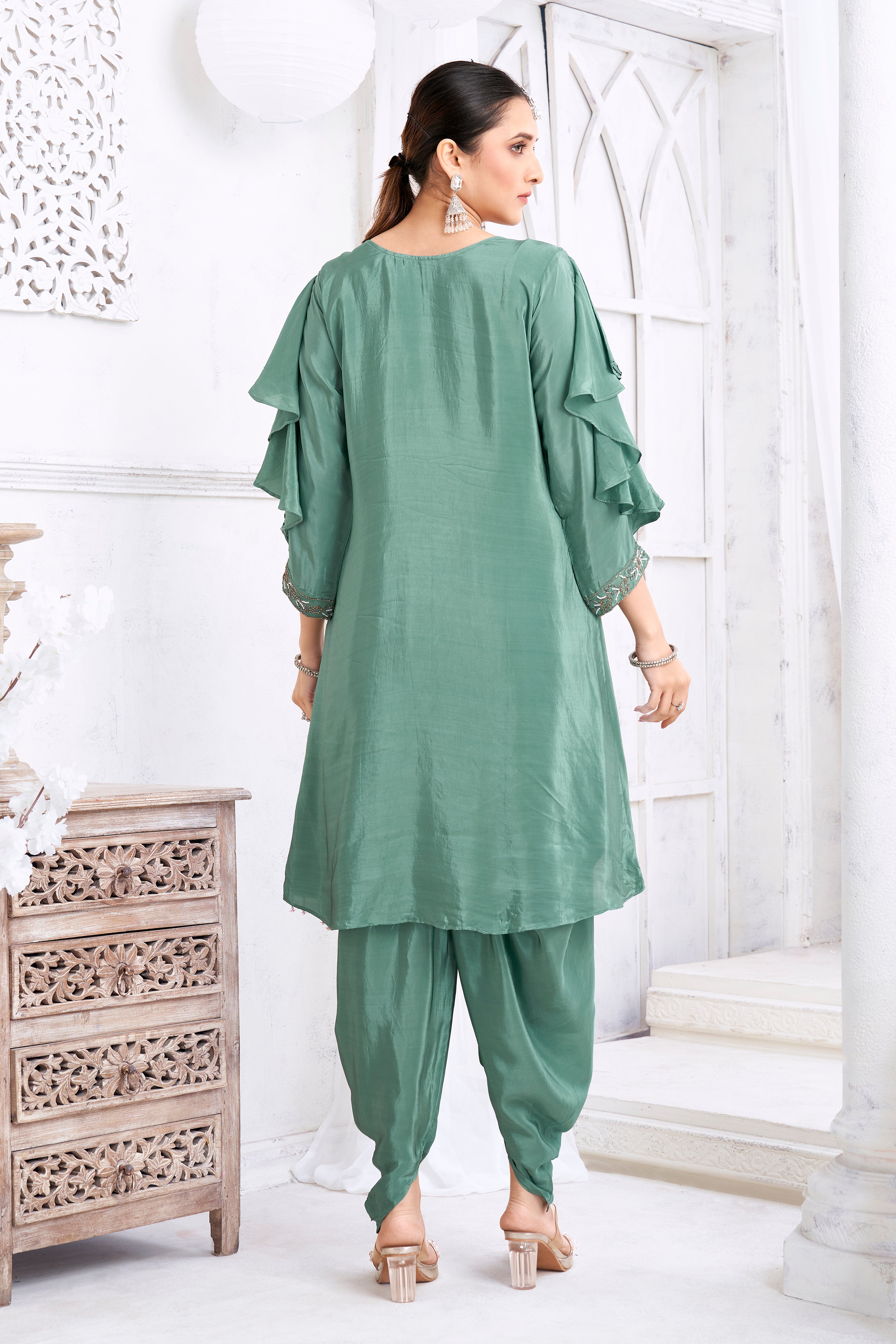 Sage Green Embellished Crepe Silk Dhoti Set