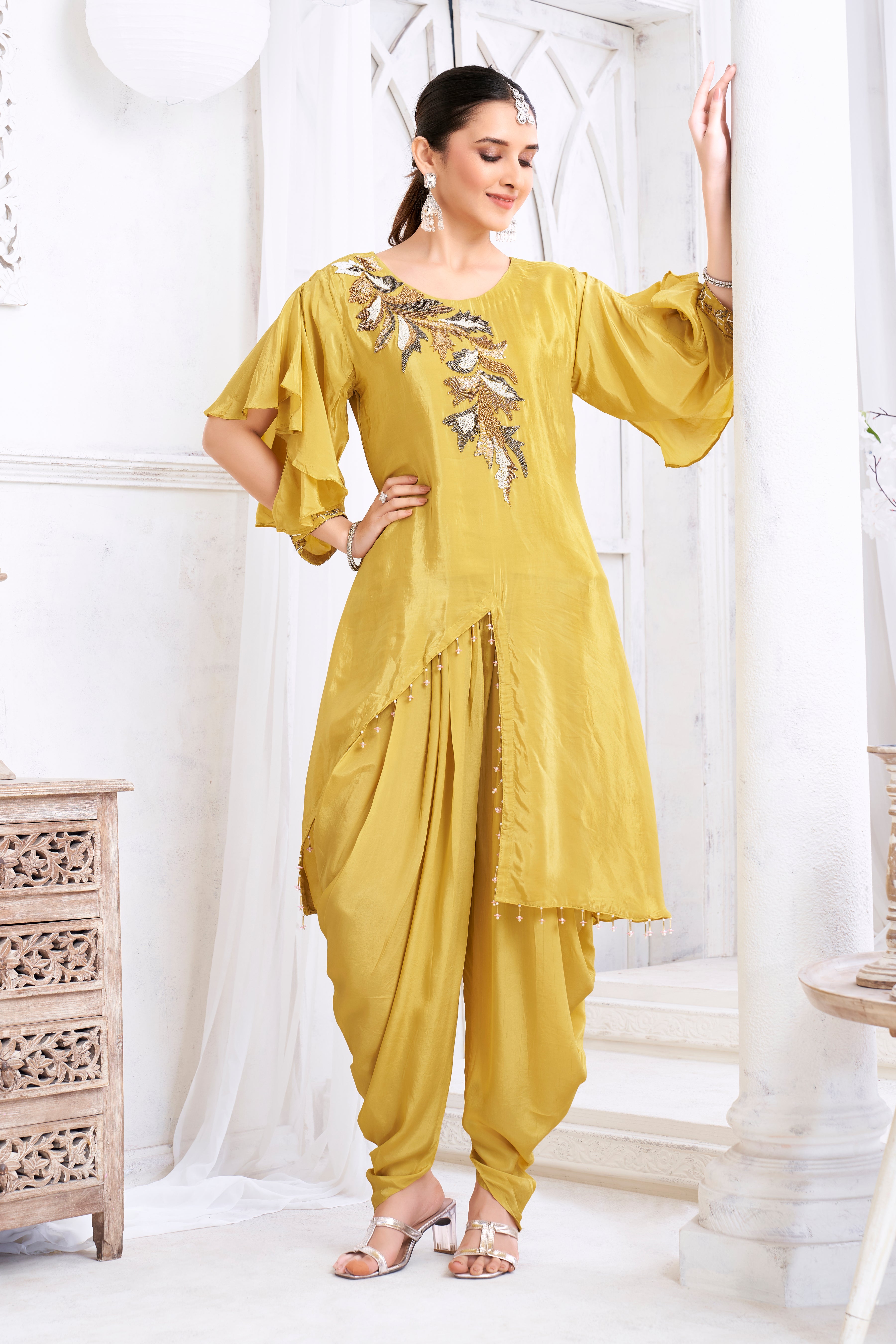Ochre Yellow Embellished Crepe Silk Dhoti Set