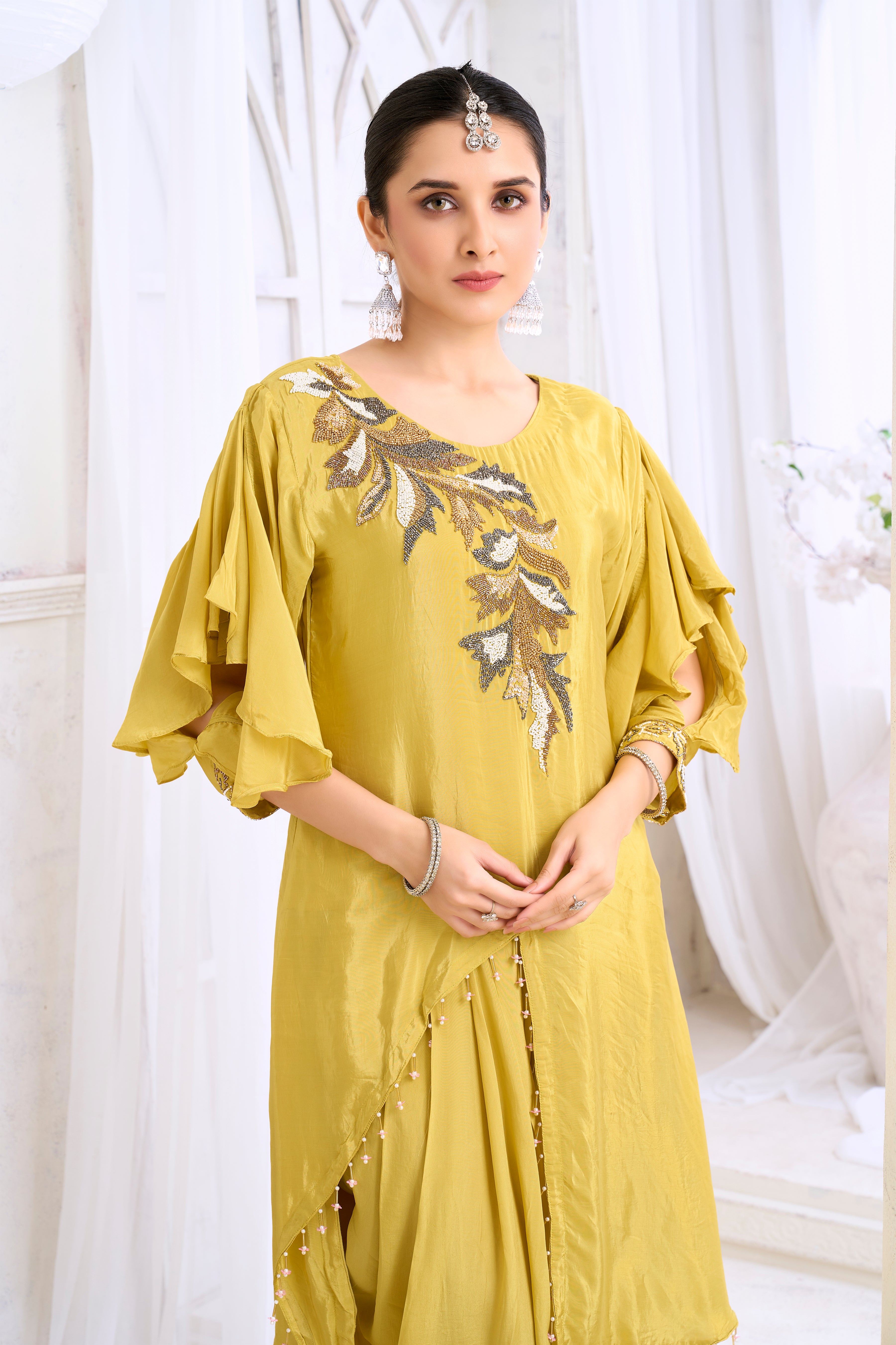 Ochre Yellow Embellished Crepe Silk Dhoti Set