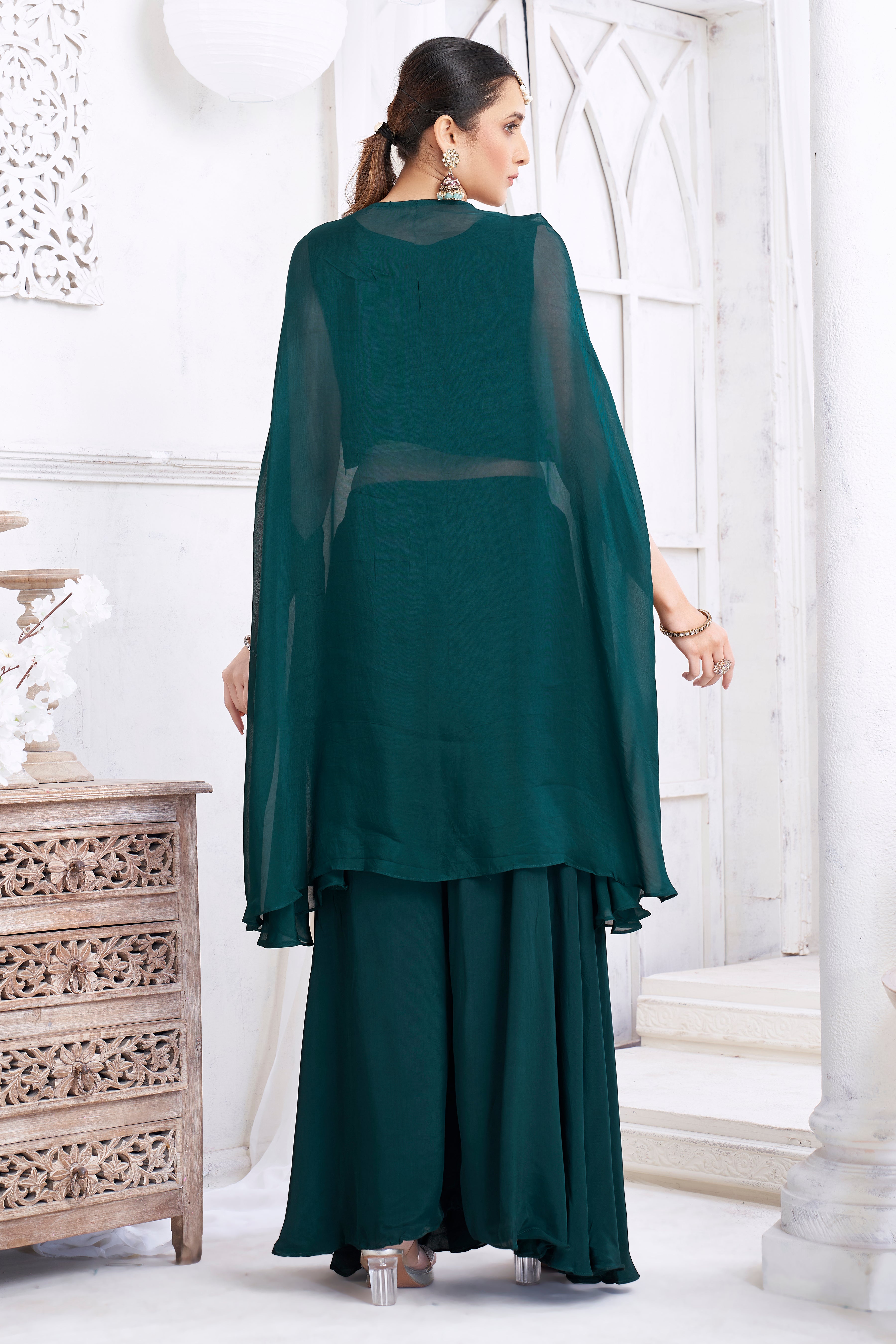 Deep Teal Embellished Crepe Silk Palazzo Set