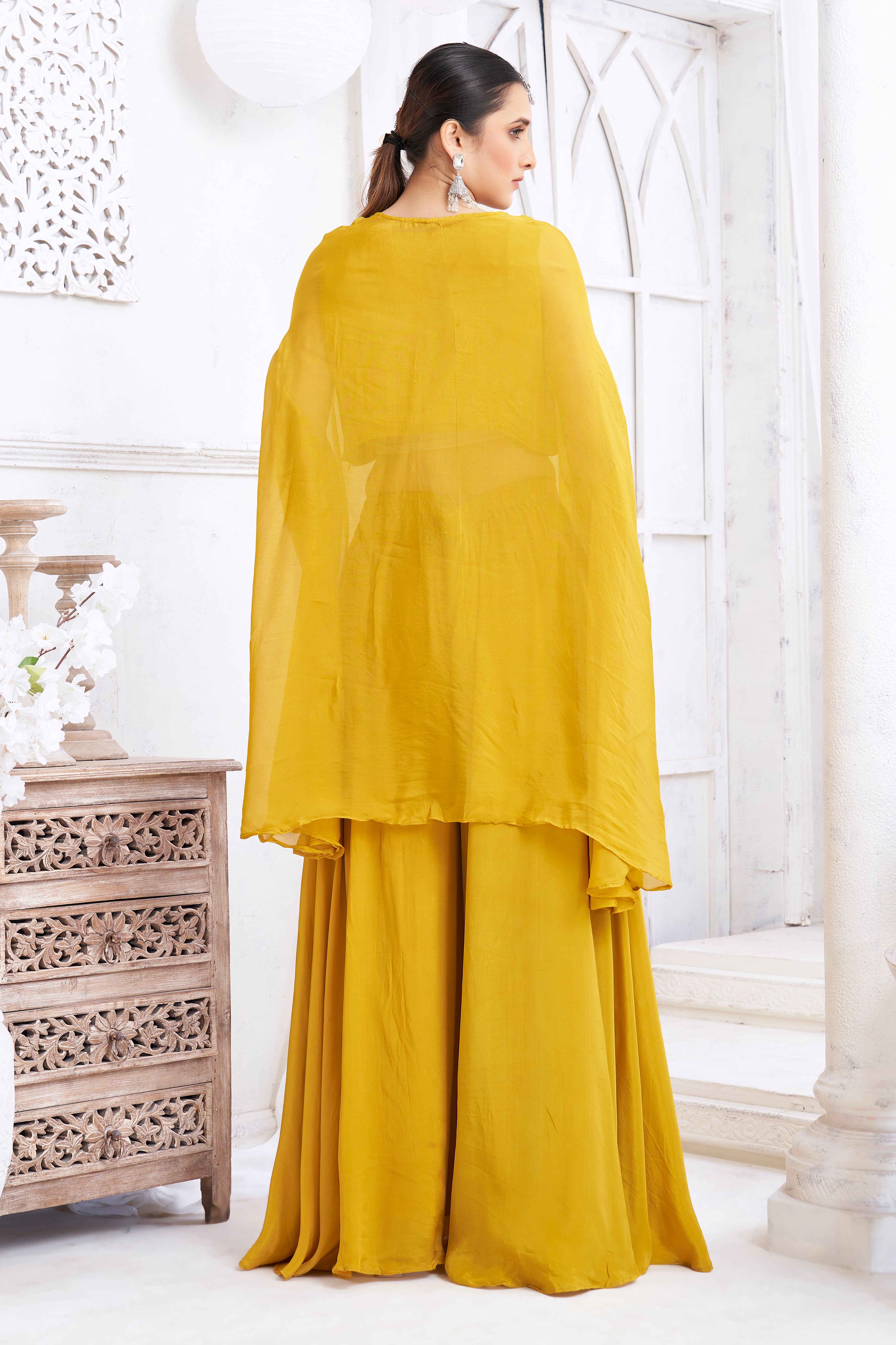 Golden Yellow Embellished Crepe Silk Palazzo Set