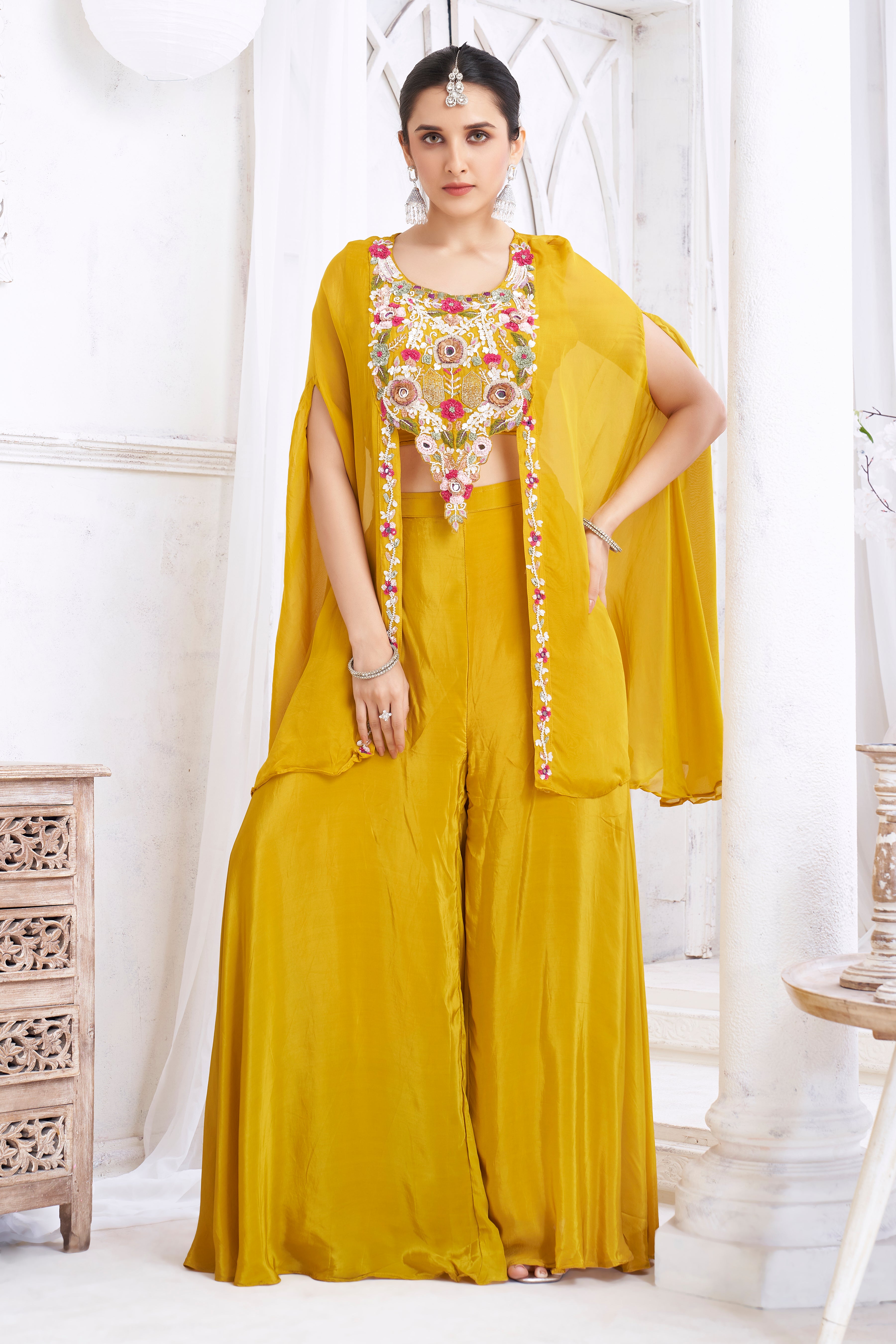 Golden Yellow Embellished Crepe Silk Palazzo Set