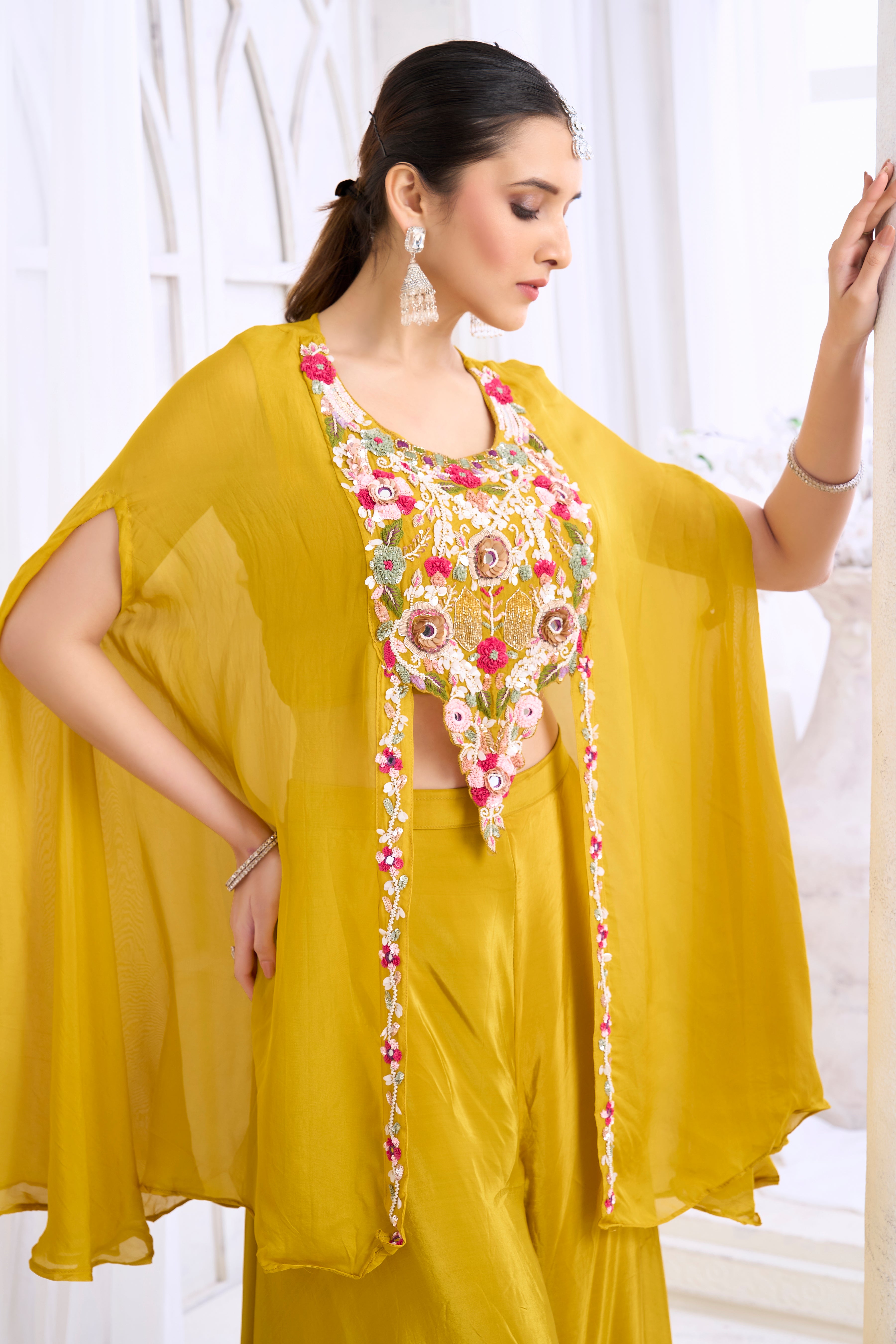 Golden Yellow Embellished Crepe Silk Palazzo Set