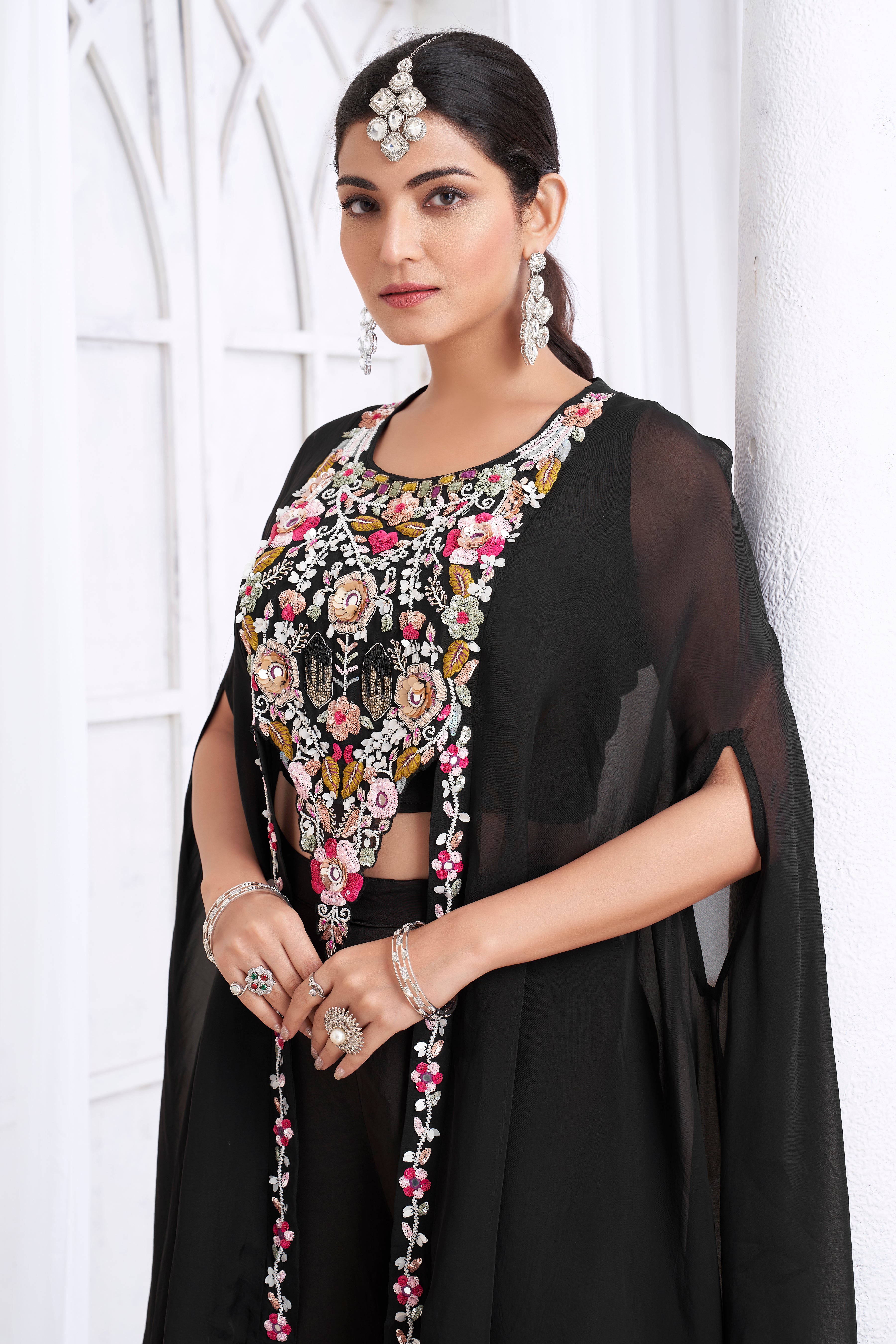Classic Black Embellished Crepe Silk Palazzo Set