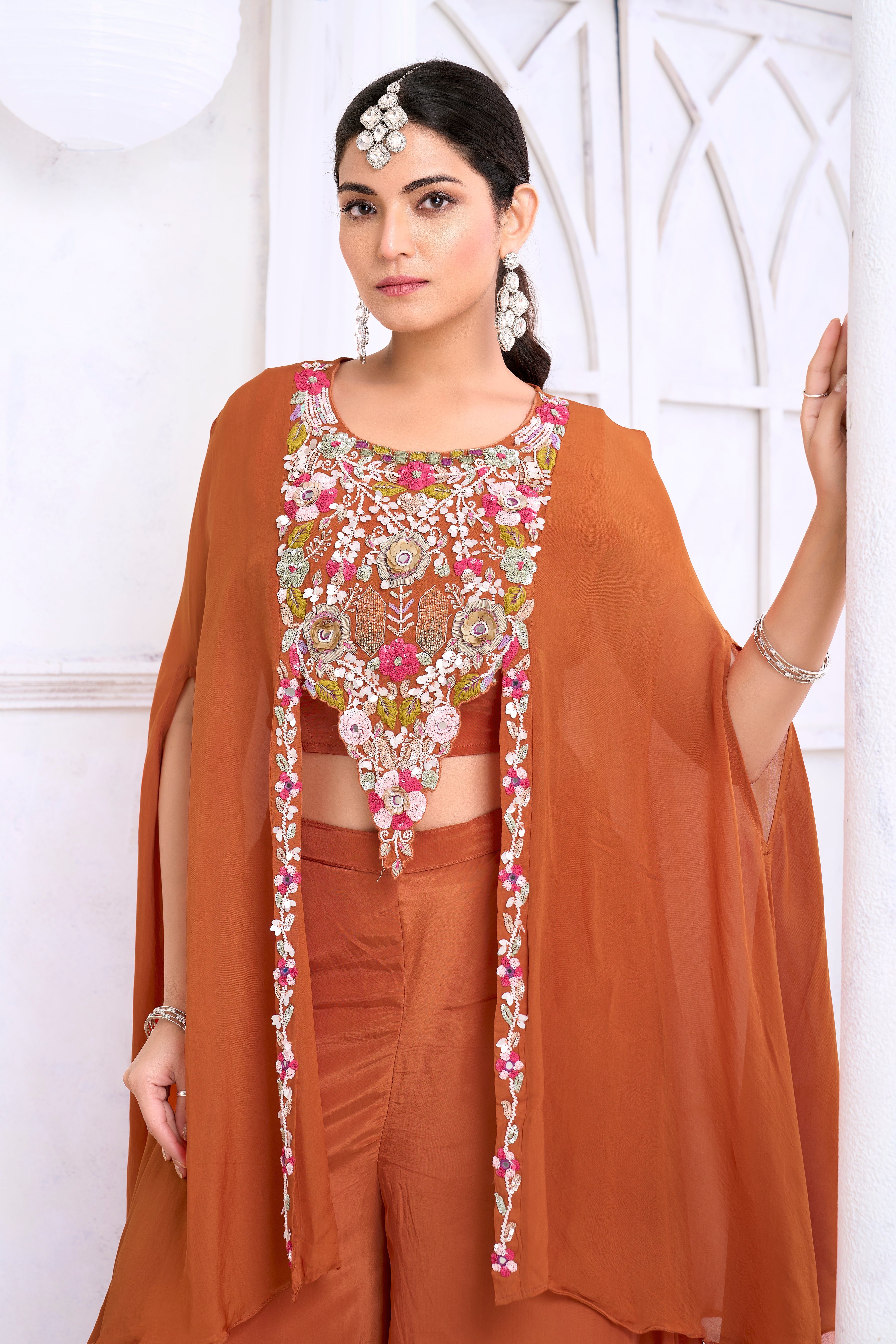 Terracotta Orange Embellished Crepe Silk Palazzo Set
