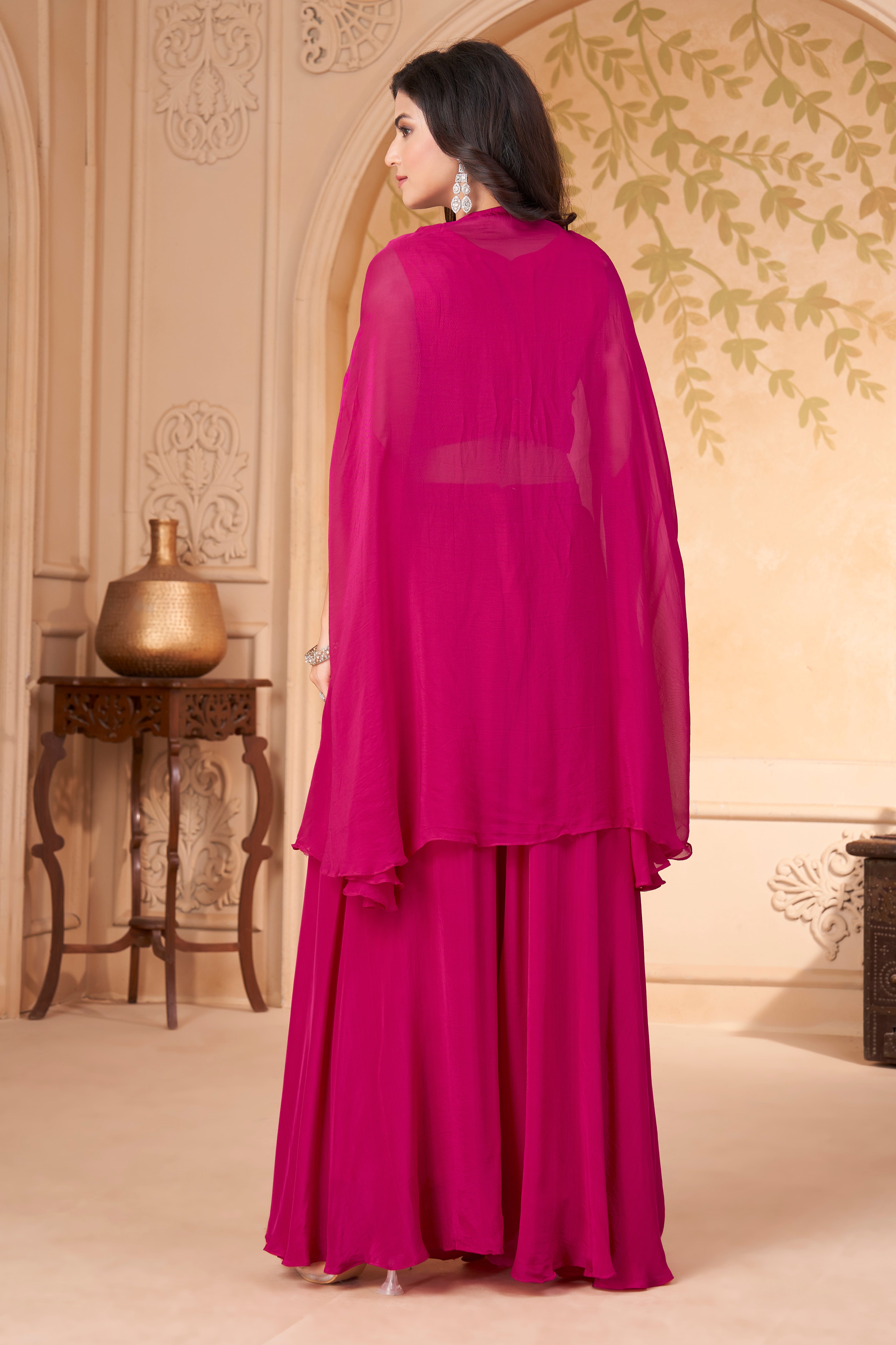 Fuchsia Pink Embellished Crepe Silk Palazzo Set