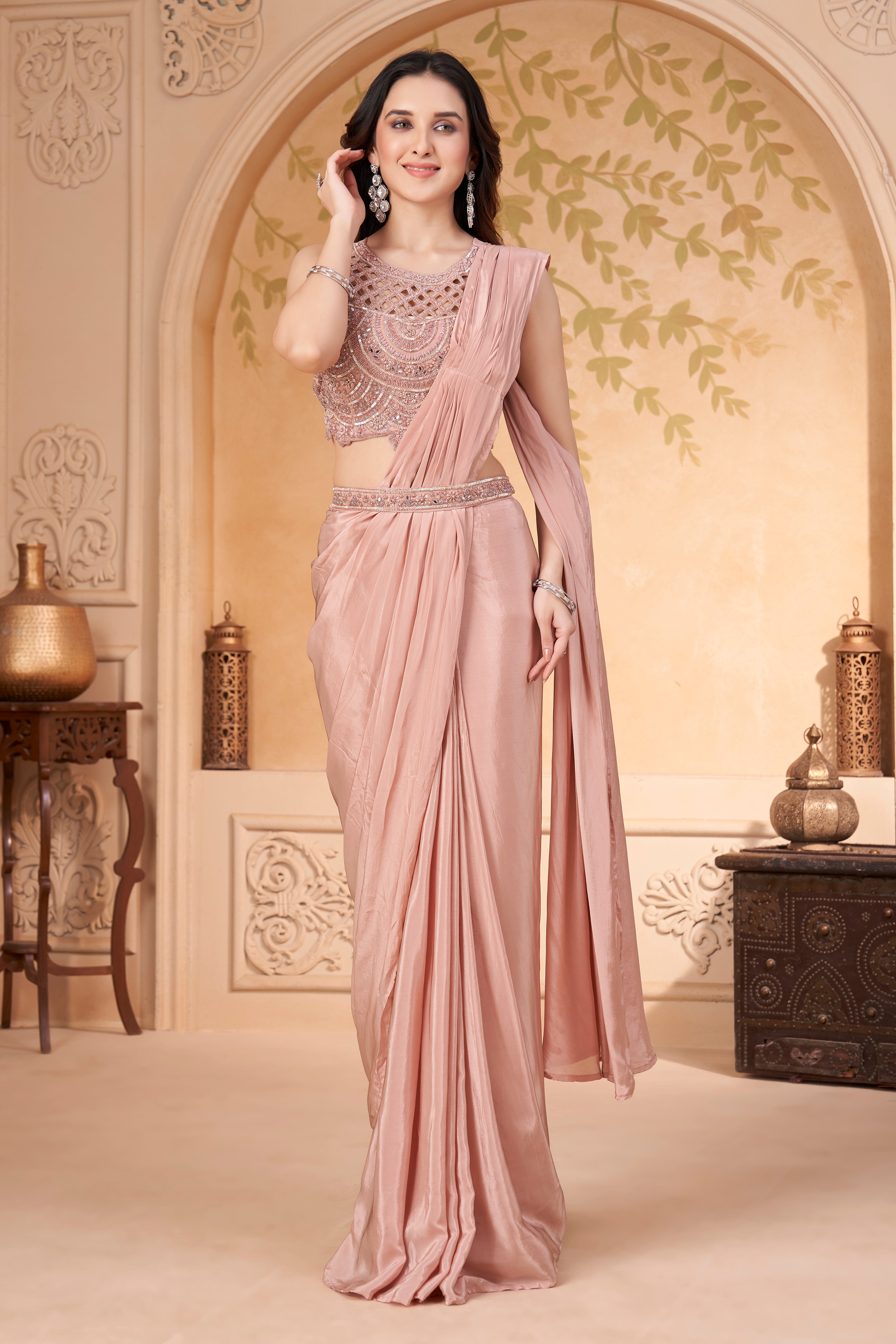 Blush Pink Embellished Crepe Silk Drape Saree