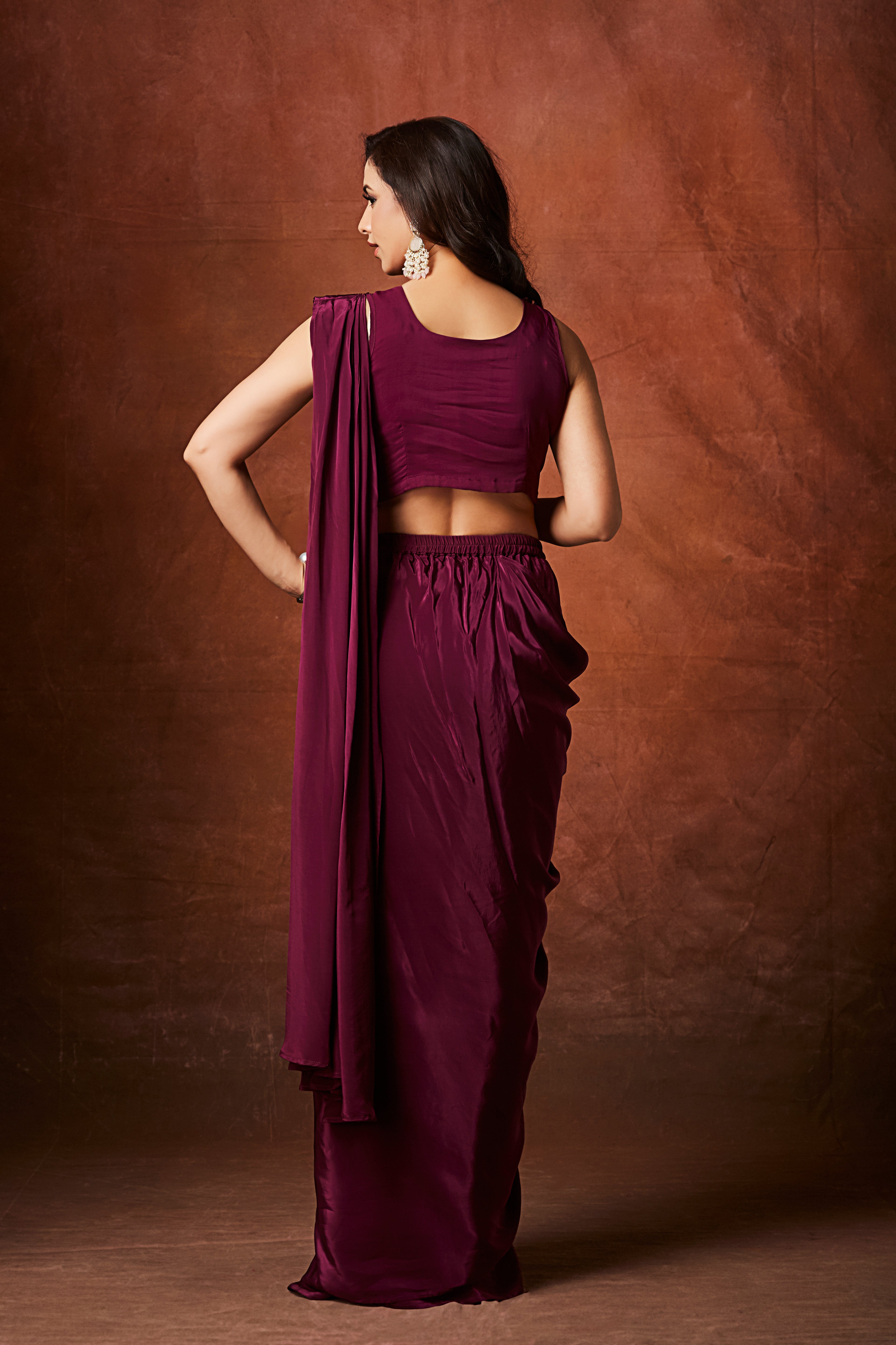 Wine Purple Embellished Crepe Silk Drape Saree