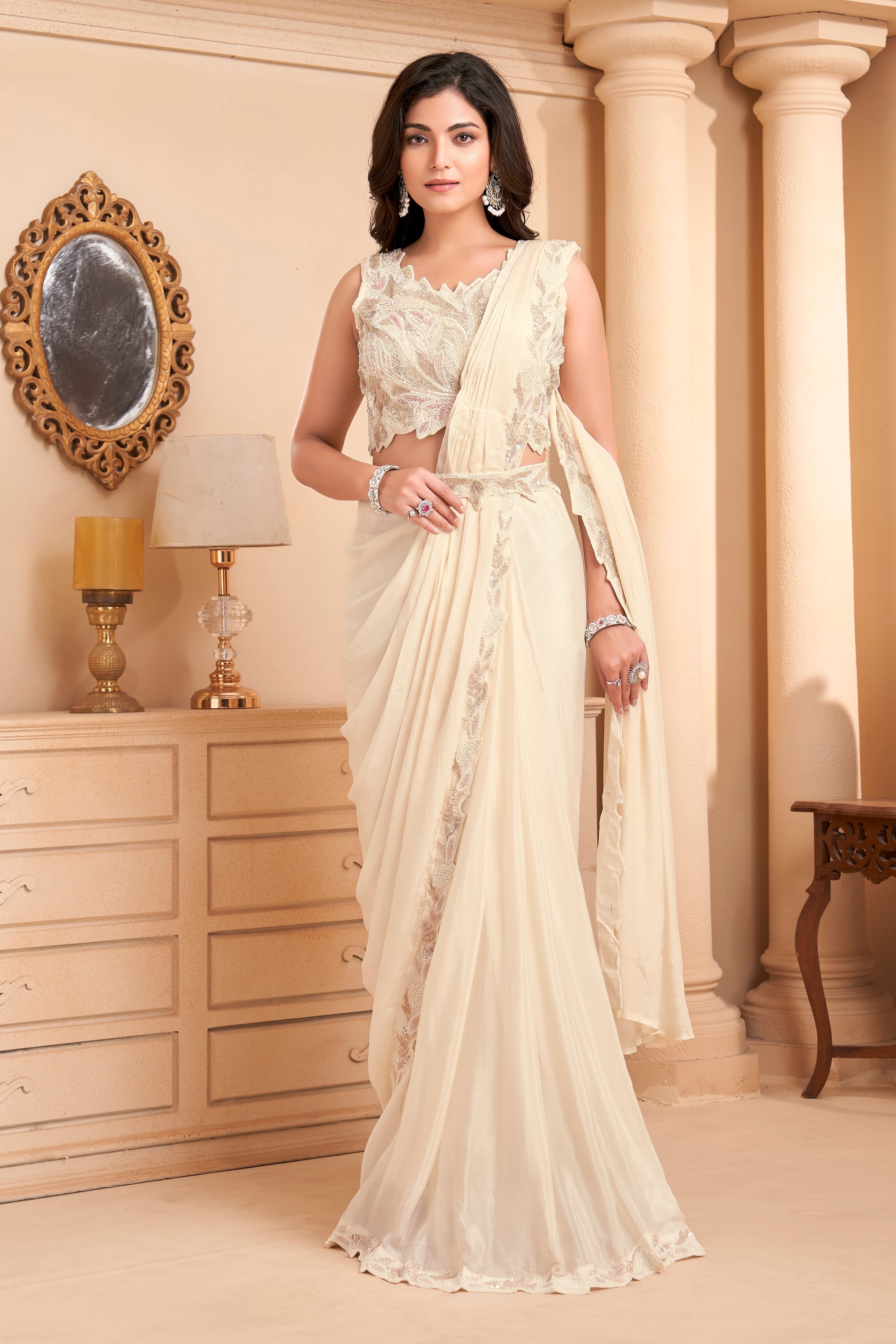 Cream White Embellished Crepe Silk Drape Saree