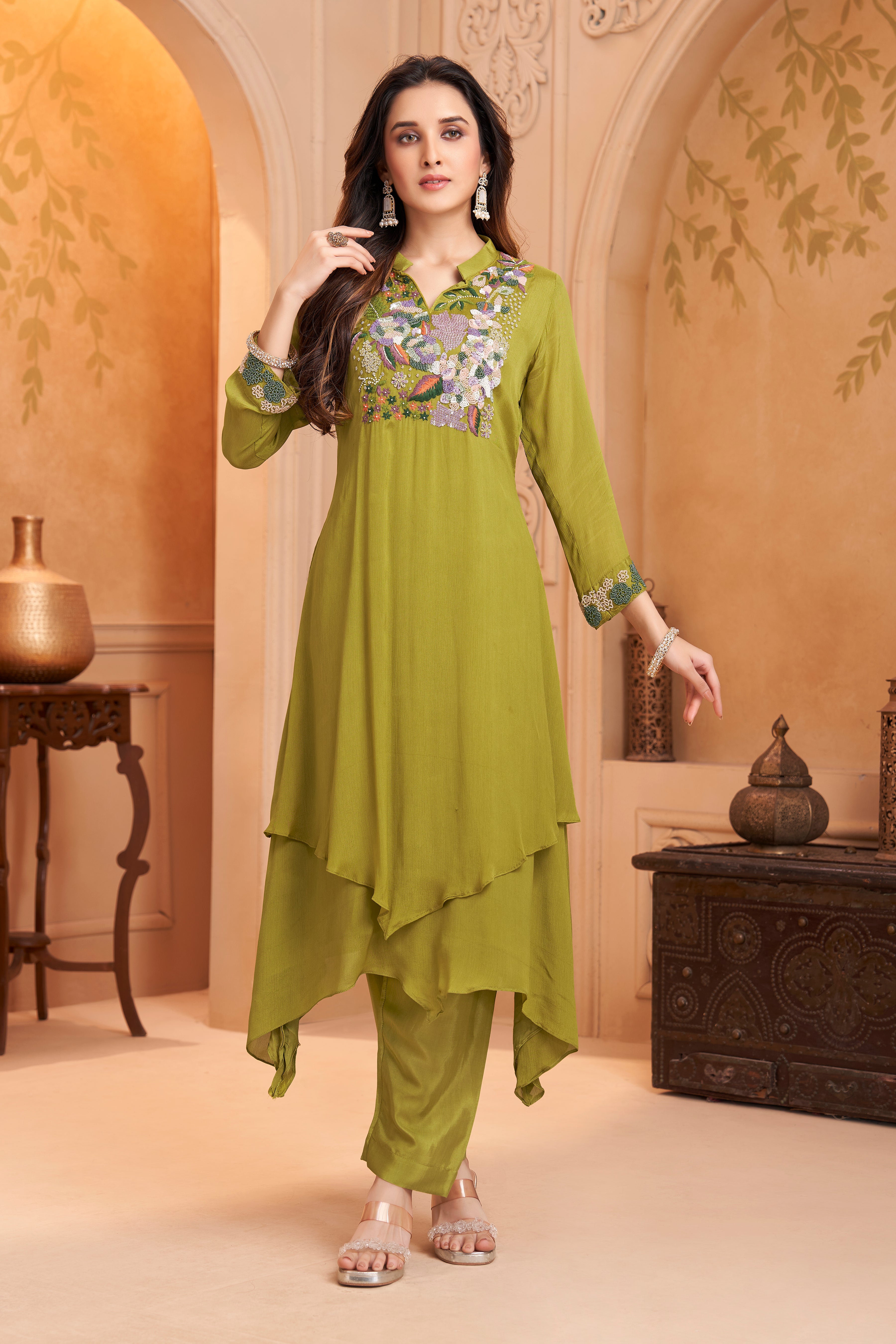 Lime Green Embellished Chinon Silk Kurta Set