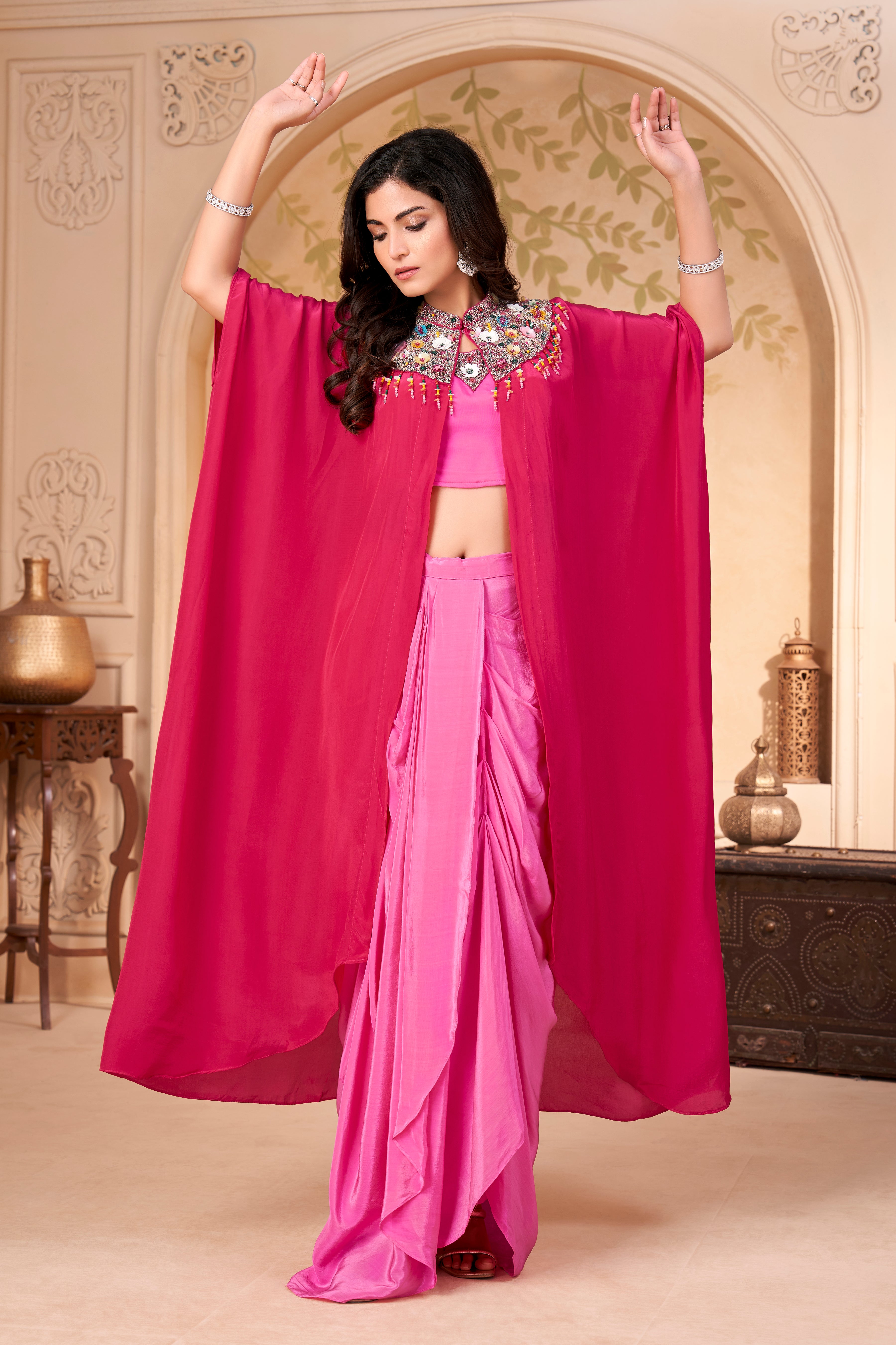 Hot Pink Embellished Crepe Silk Skirt Set