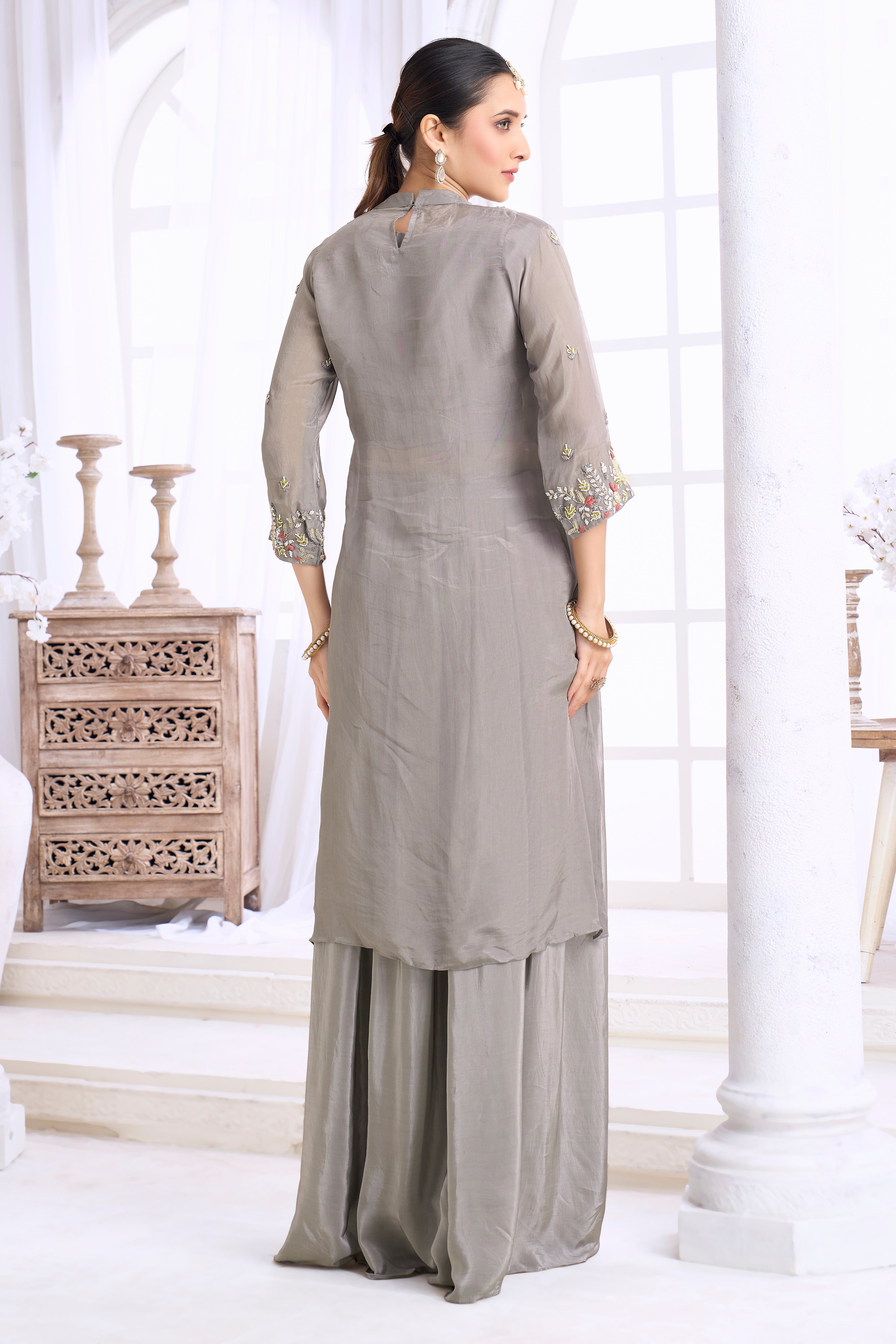 Stone Grey Embellished Crepe Silk Skirt Set