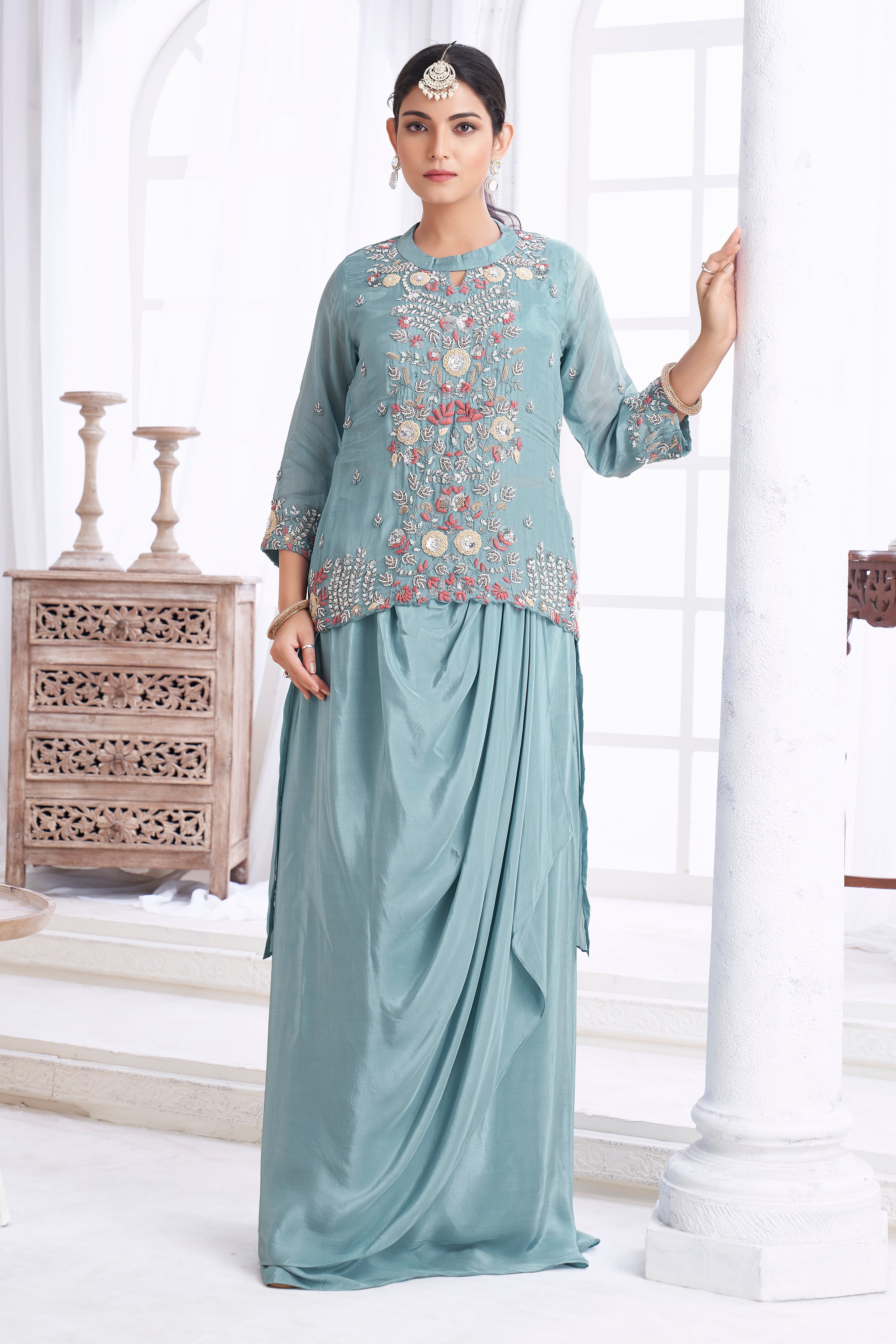 Dusty Blue Embellished Crepe Silk Skirt Set