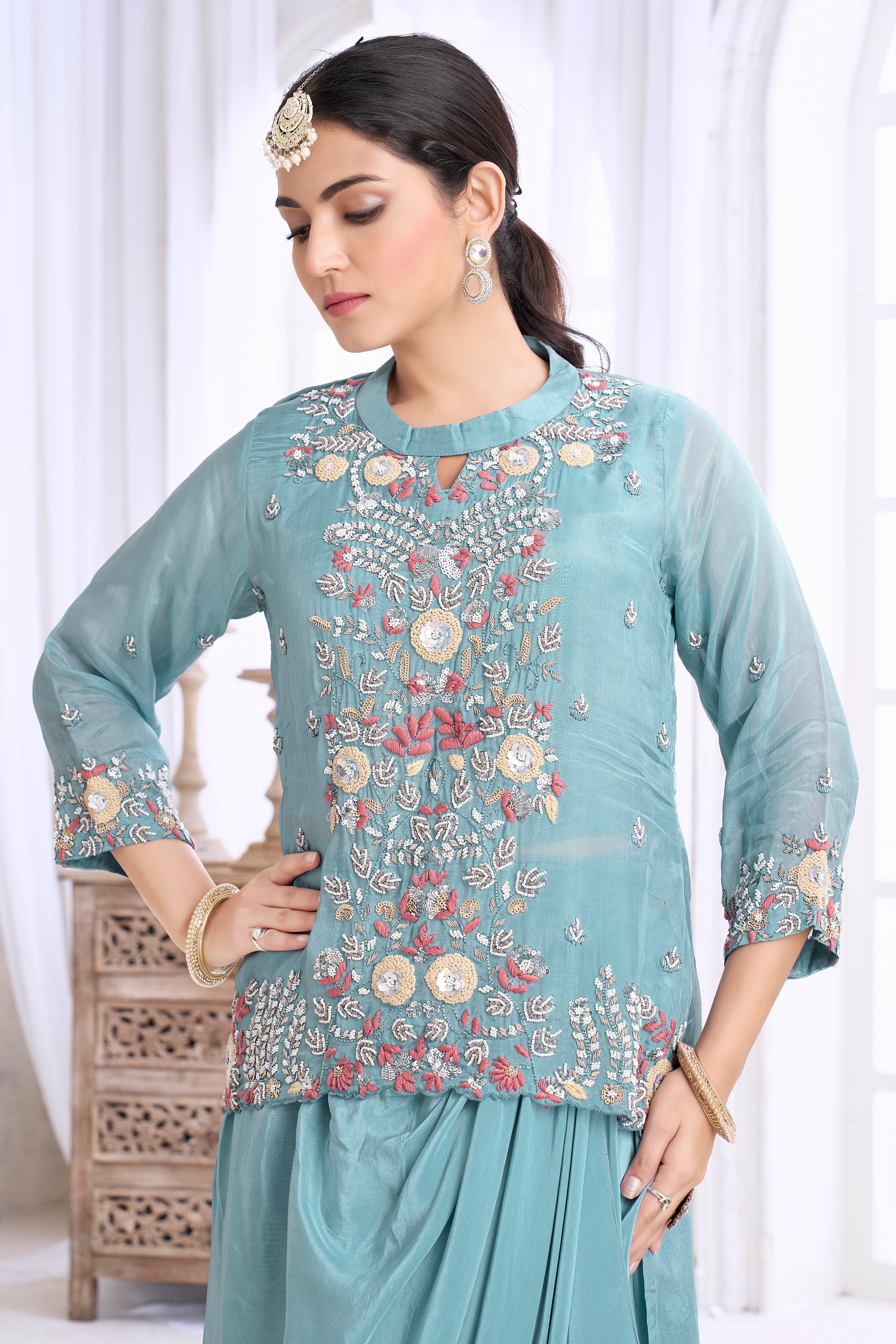 Dusty Blue Embellished Crepe Silk Skirt Set