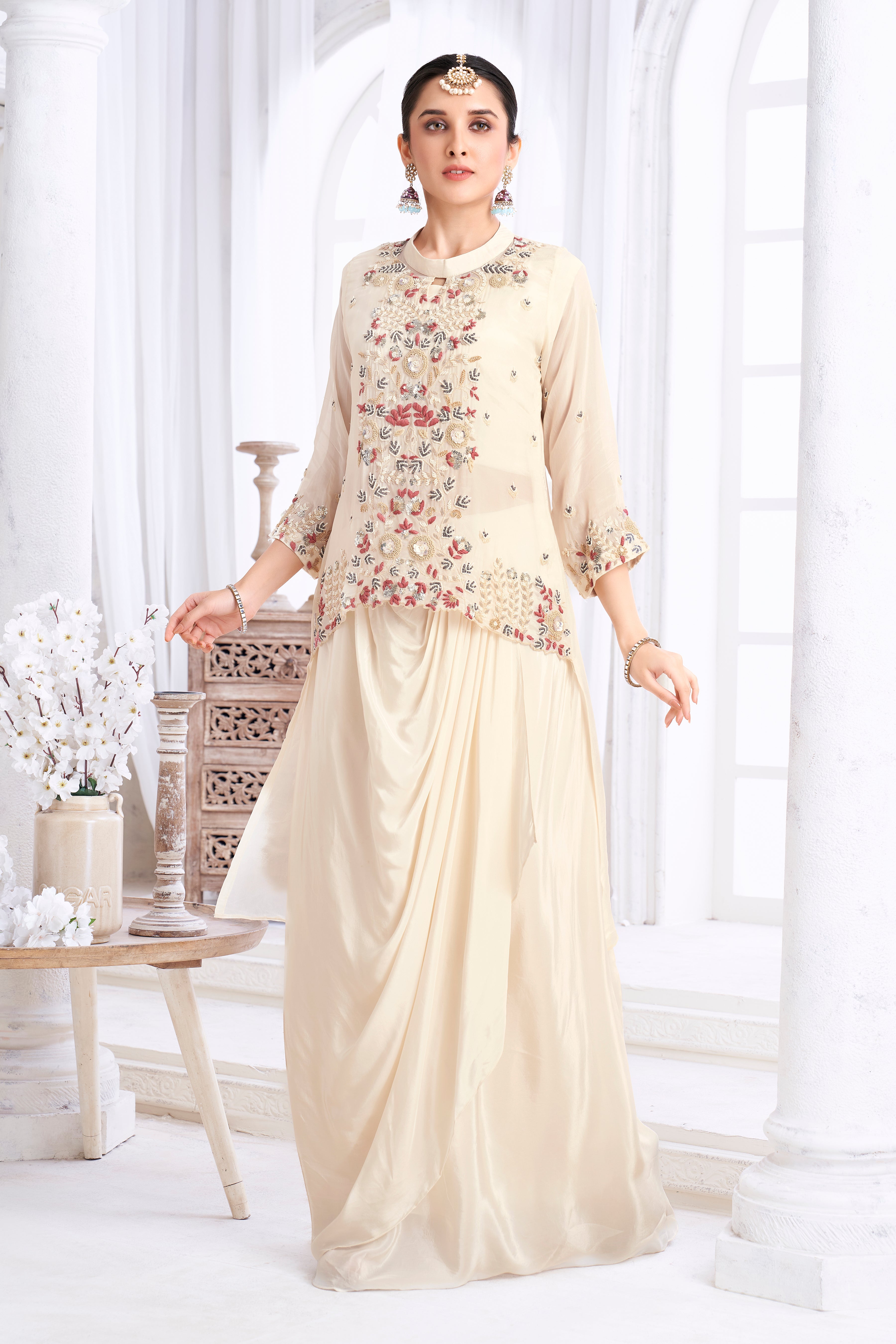 Cream White Embellished Crepe Silk Skirt Set