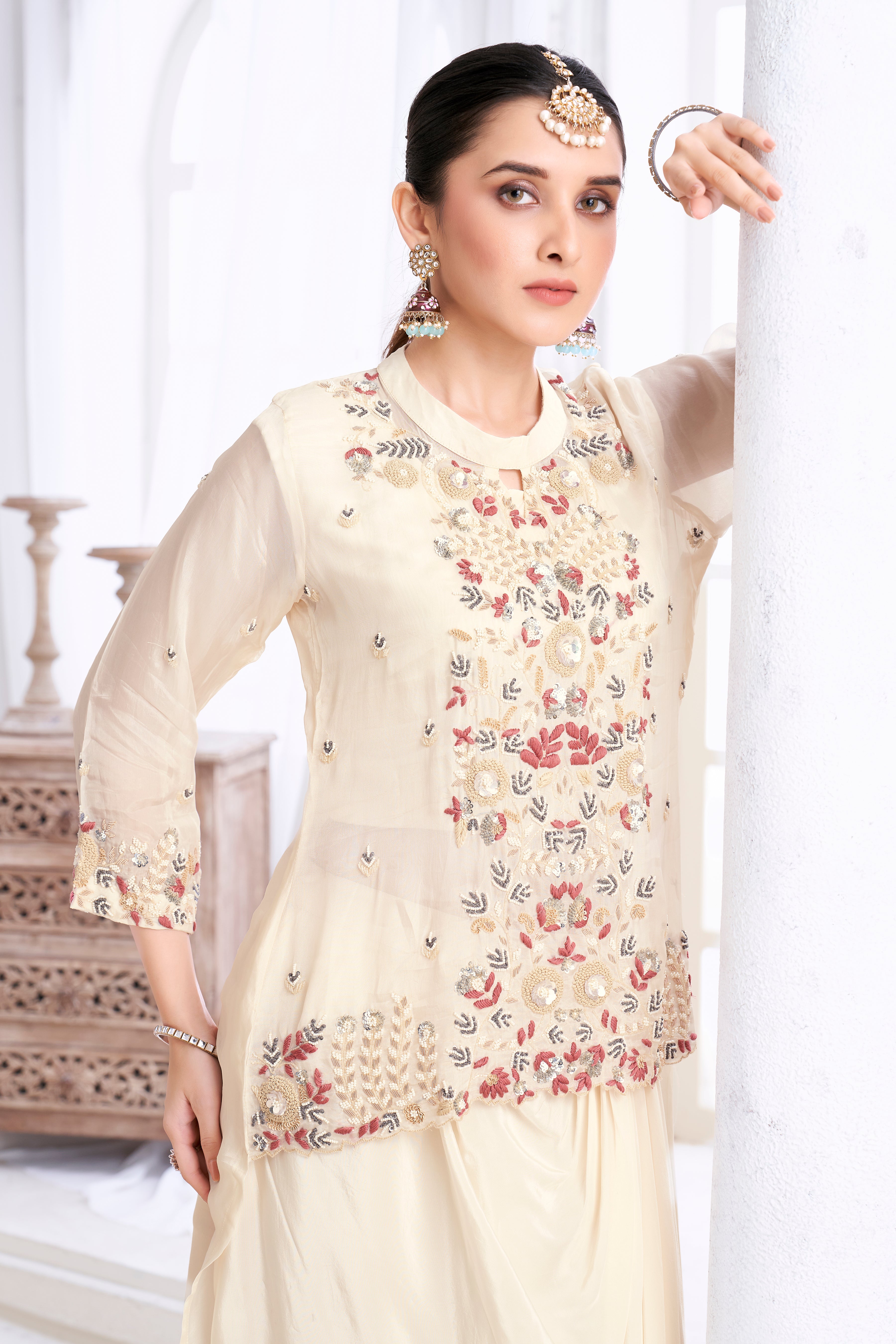 Cream White Embellished Crepe Silk Skirt Set