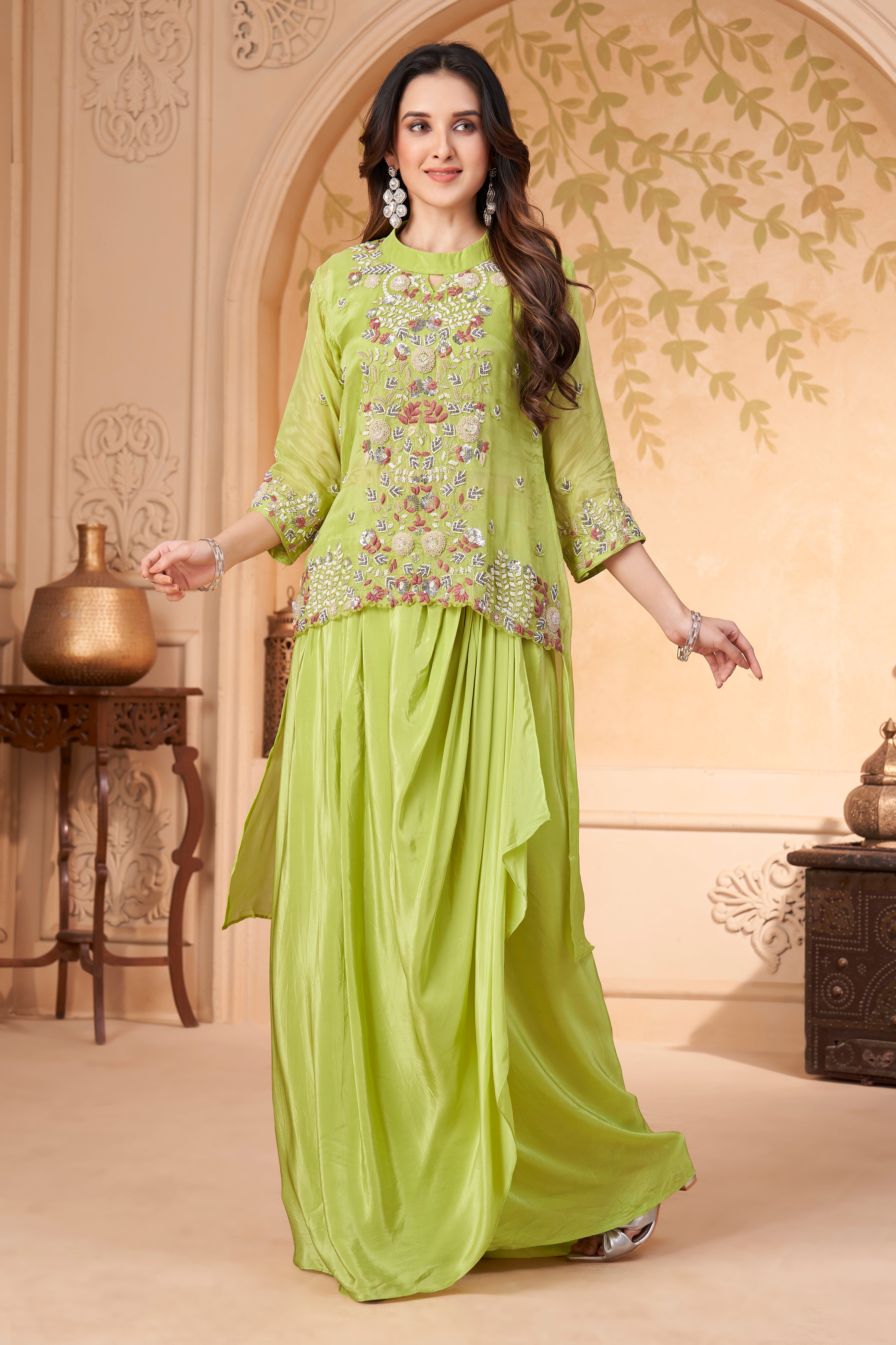 Zesty Green Embellished Crepe Silk Skirt Set