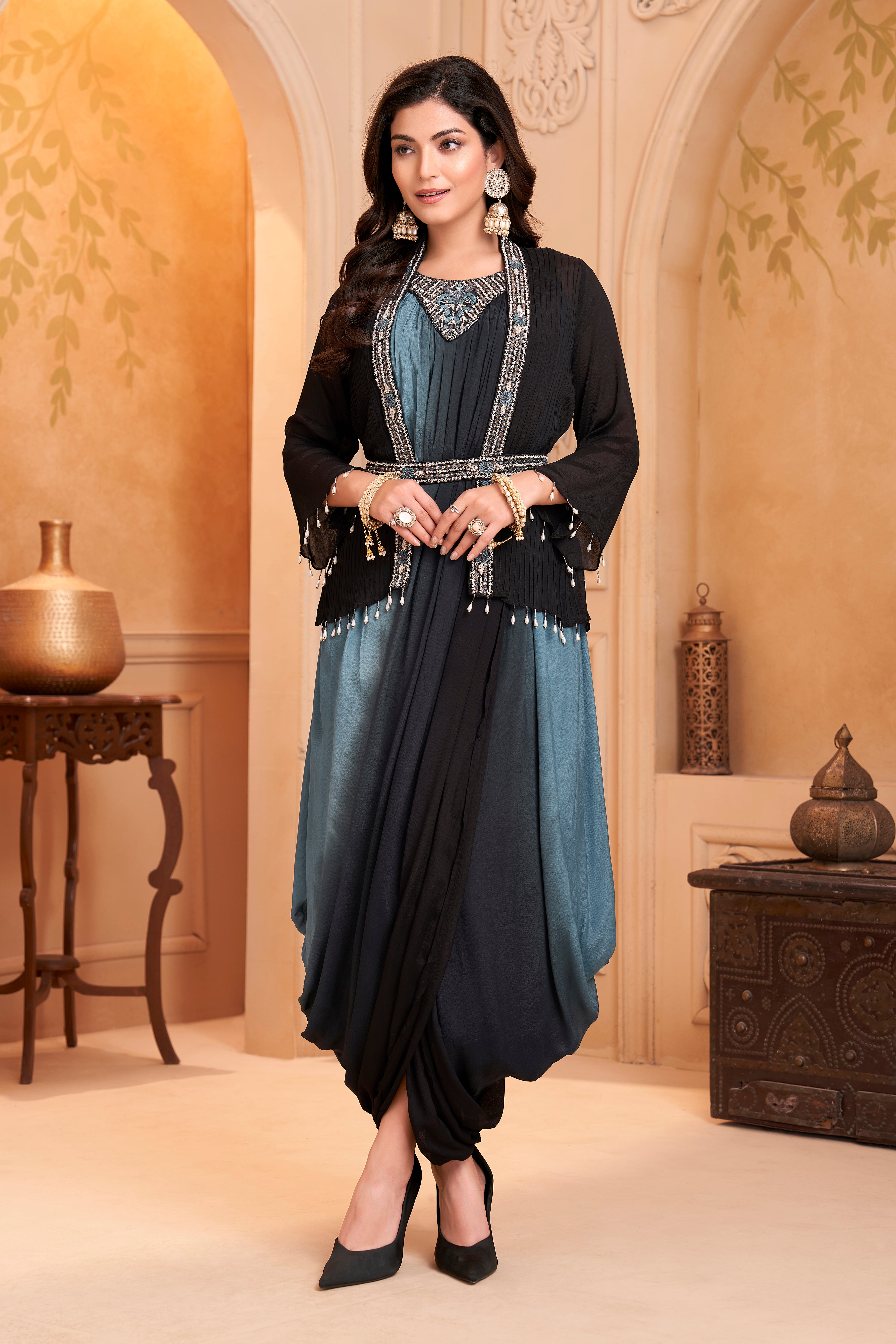 Slate Blue Embellished Chinon Silk Drape Dress