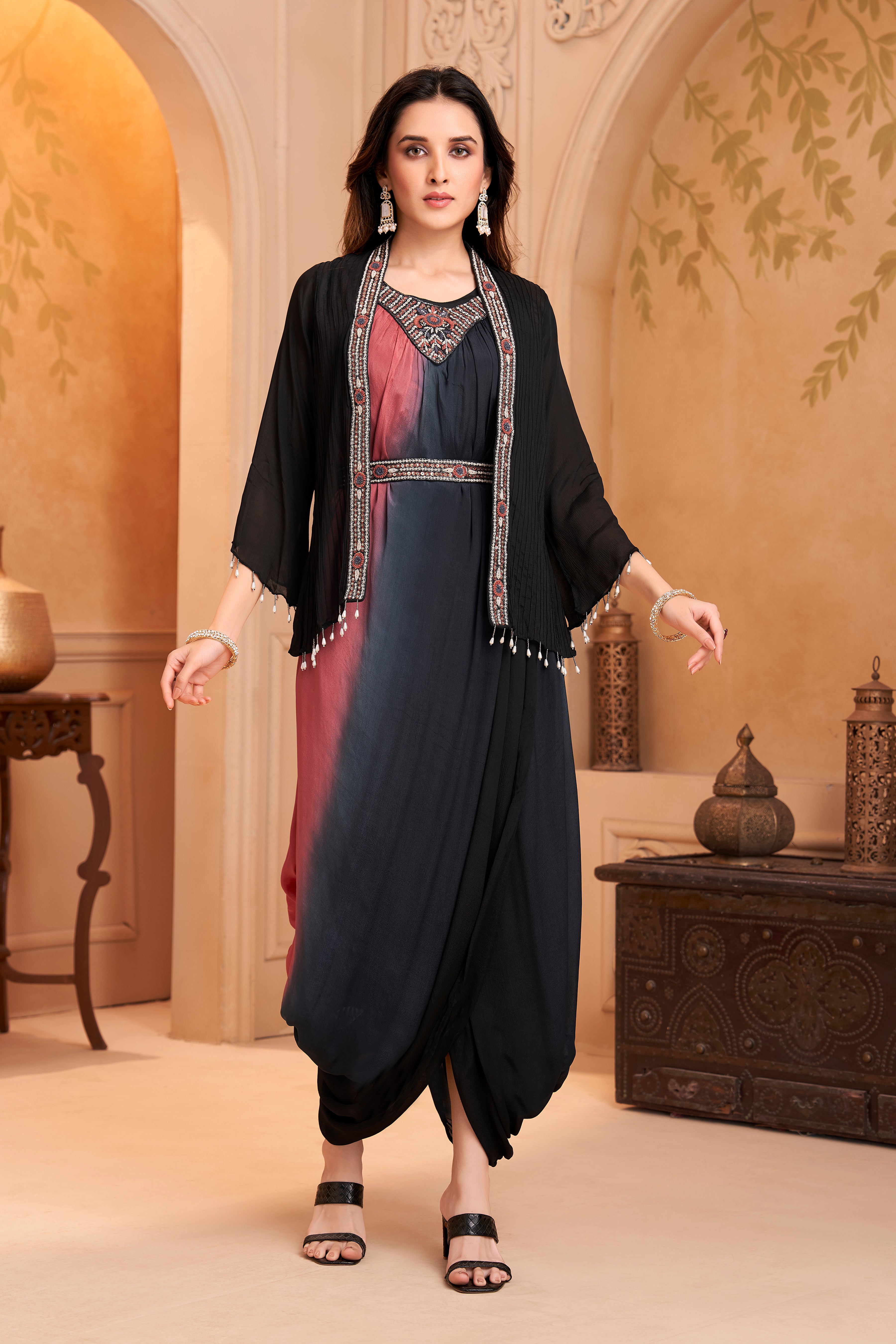 Dusty Wine Embellished Chinon Silk Drape Dress