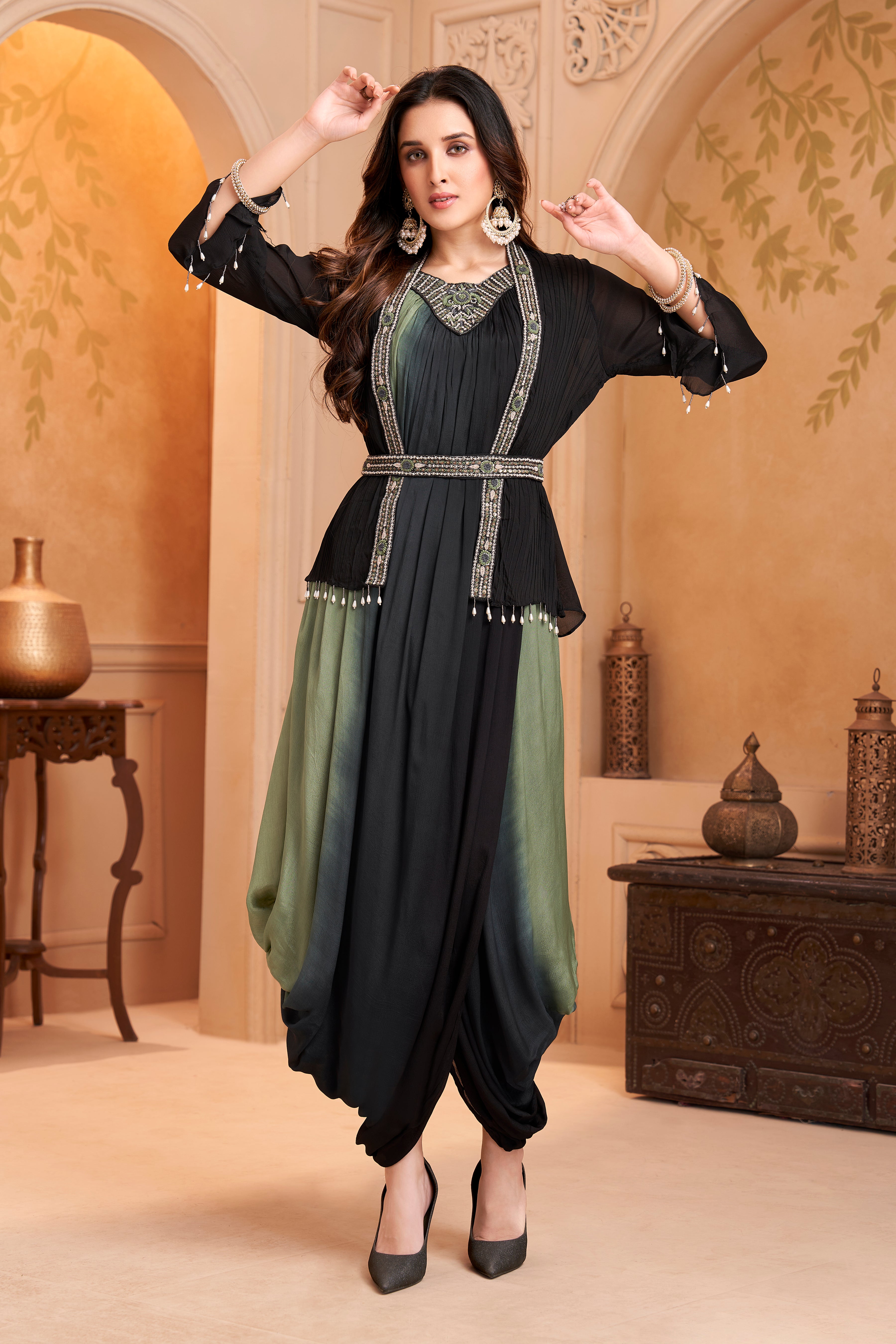 Moss Green Embellished Chinon Silk Drape Dress