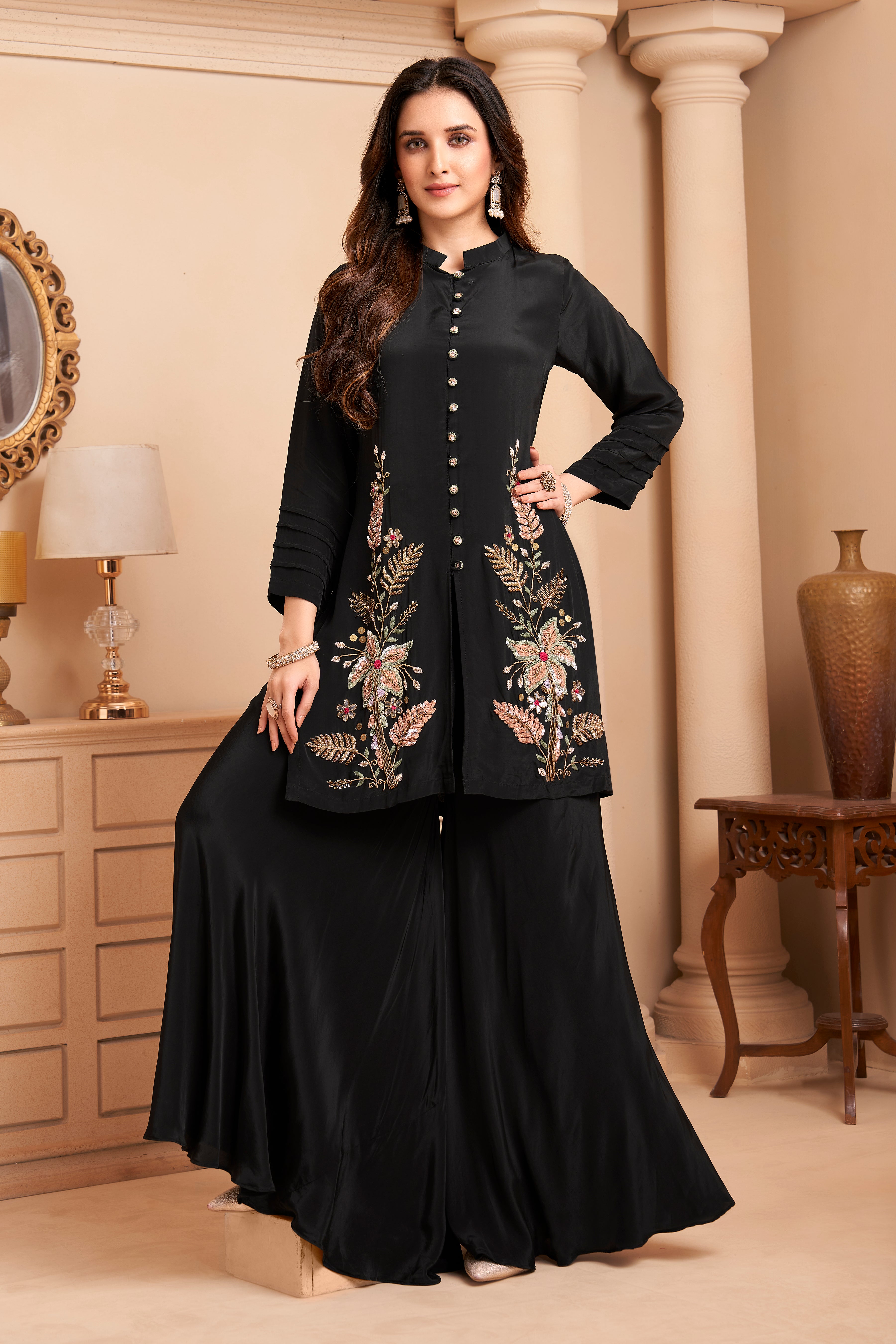 Coal Black Embellished Crepe Silk Palazzo Set