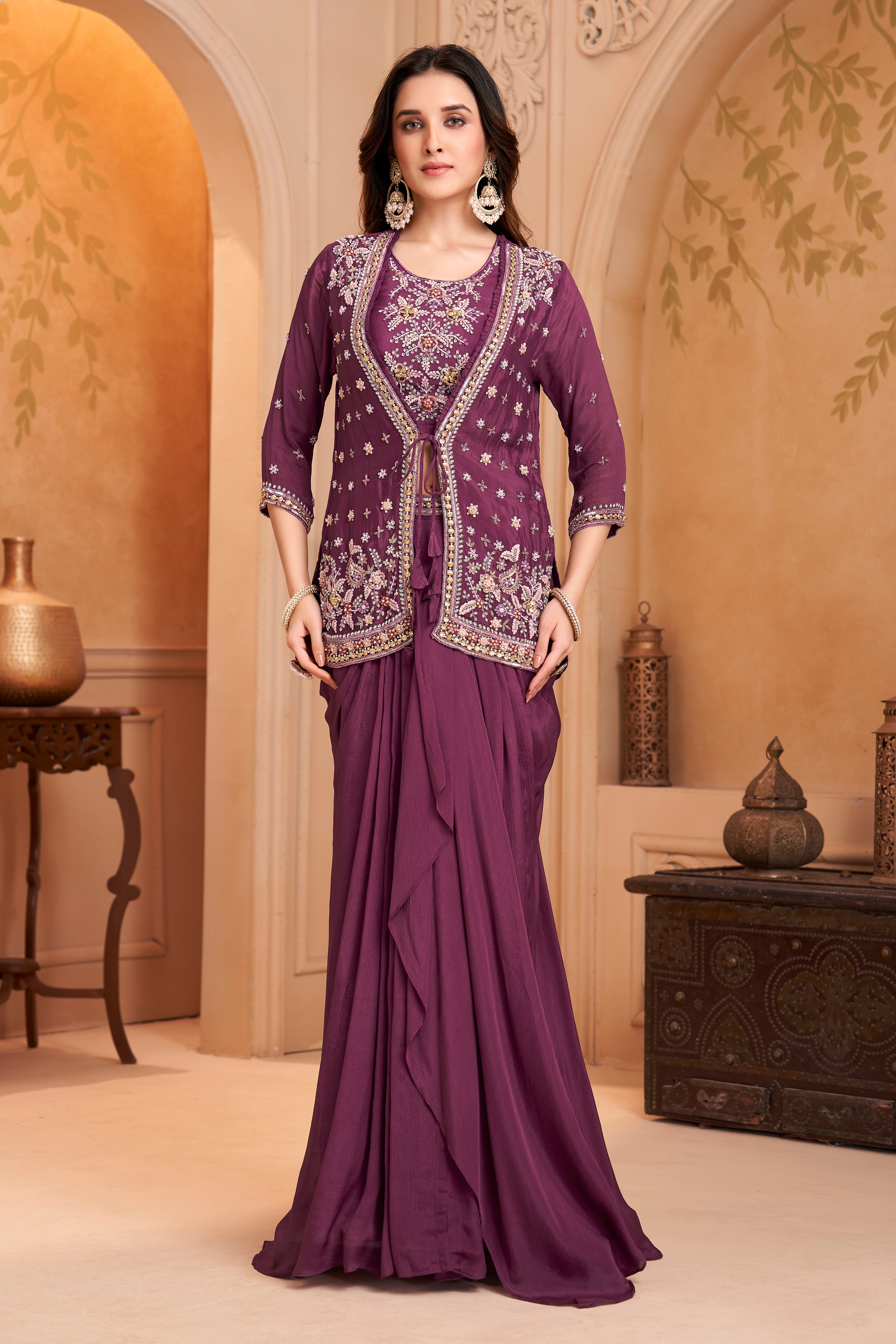 Deep Purple Embellished Chinon Silk Skirt Set