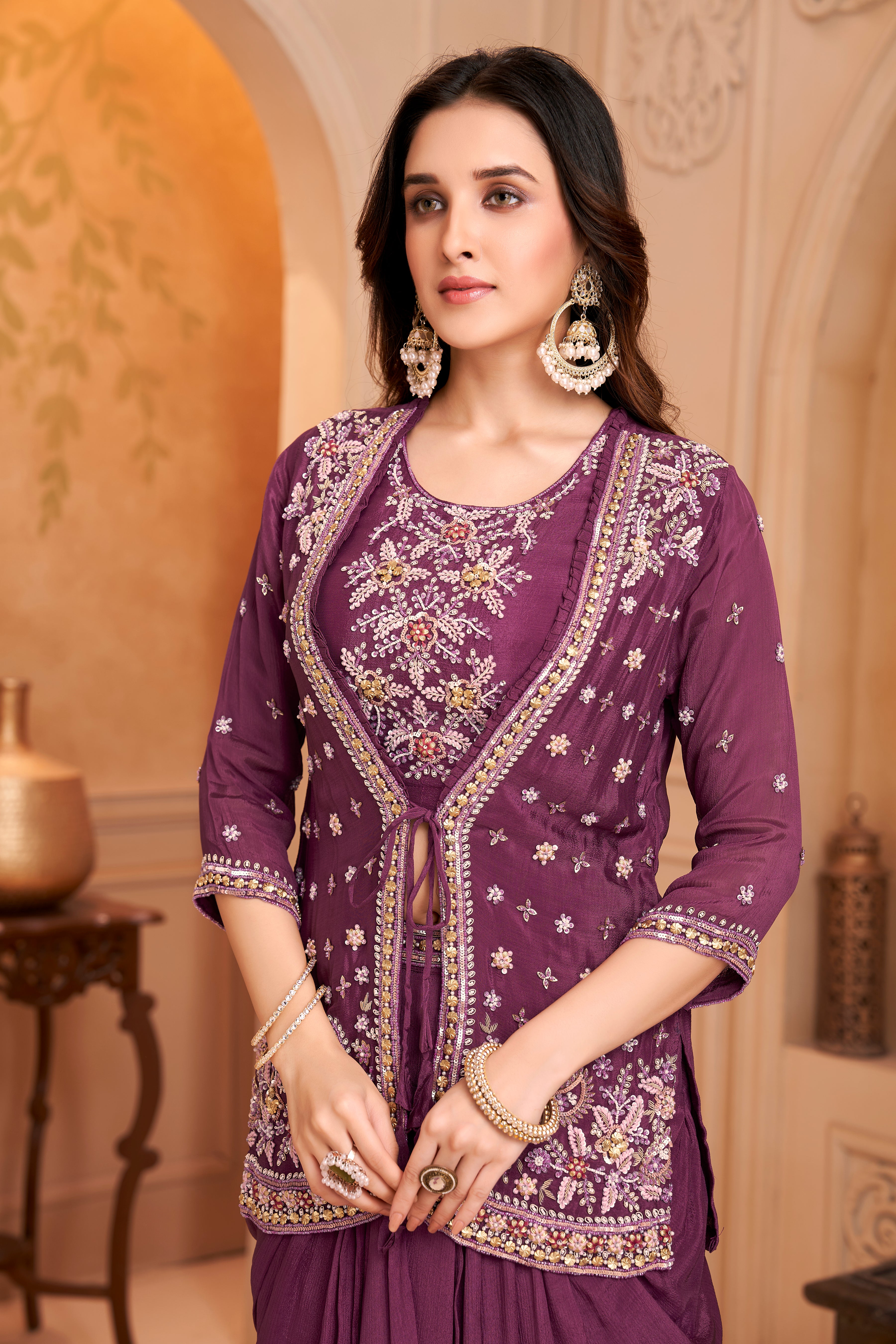 Deep Purple Embellished Chinon Silk Skirt Set