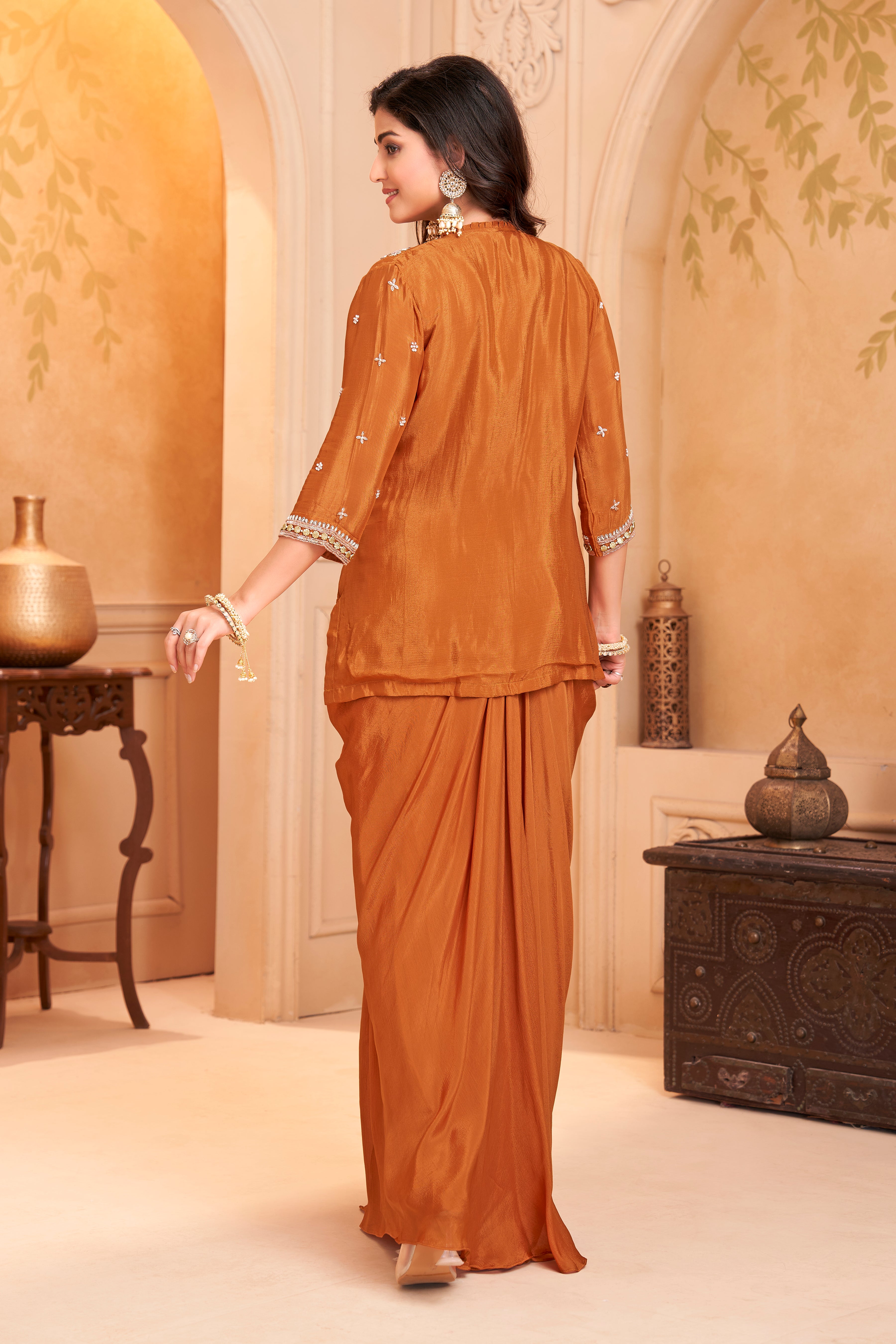 Saffron Orange Embellished Chinon Silk Skirt Set
