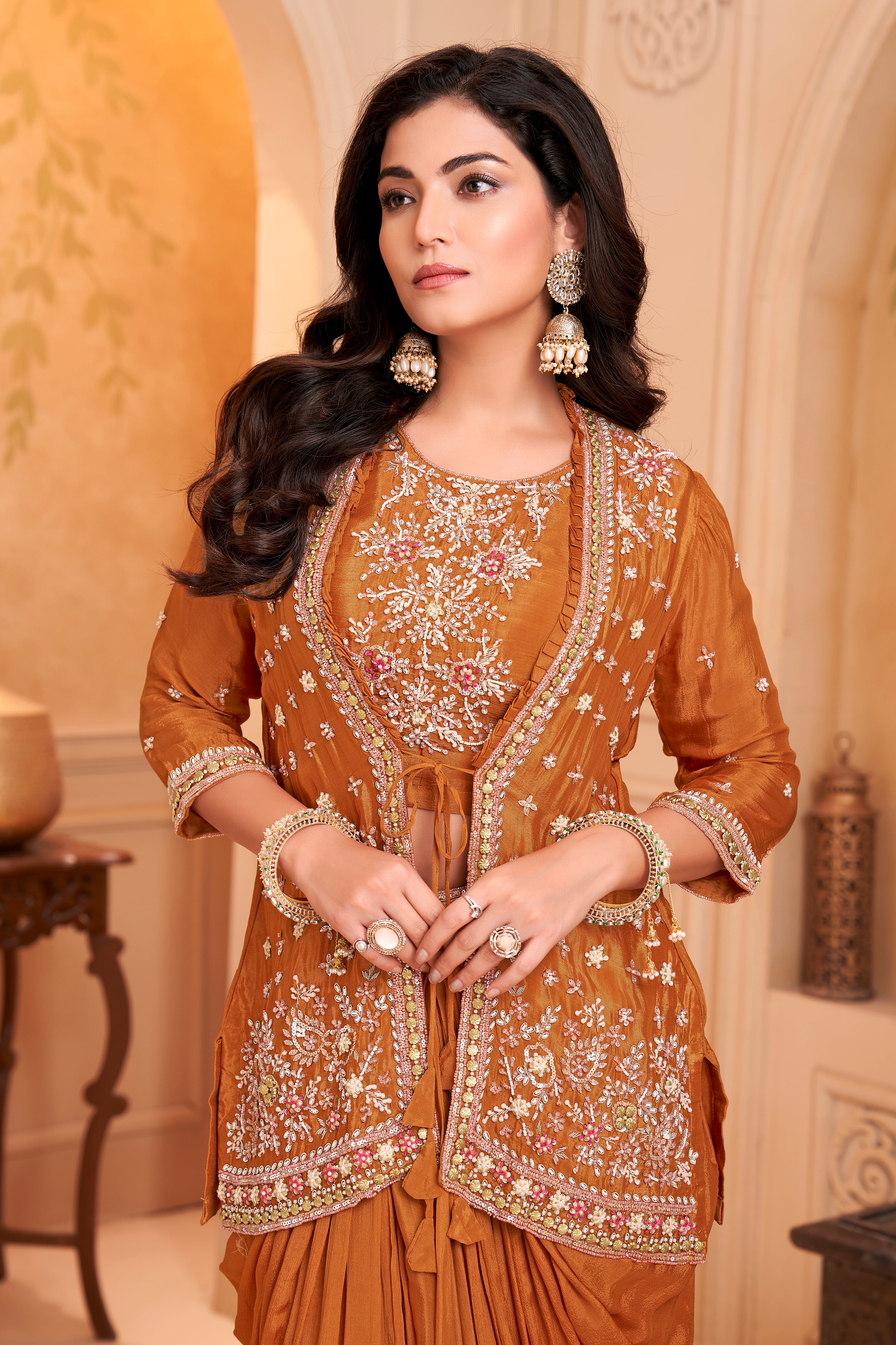 Saffron Orange Embellished Chinon Silk Skirt Set