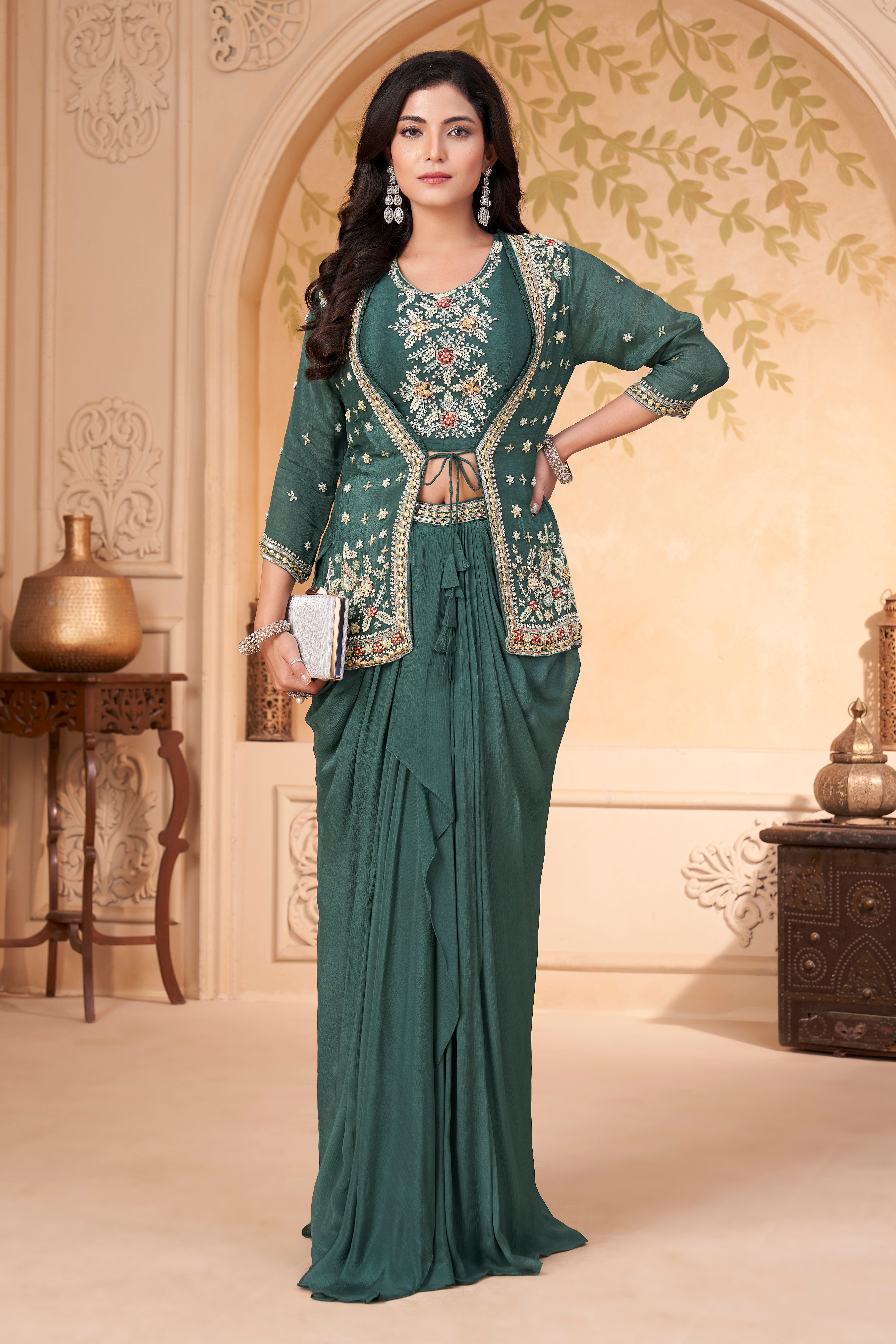 Pine Green Embellished Chinon Silk Skirt Set