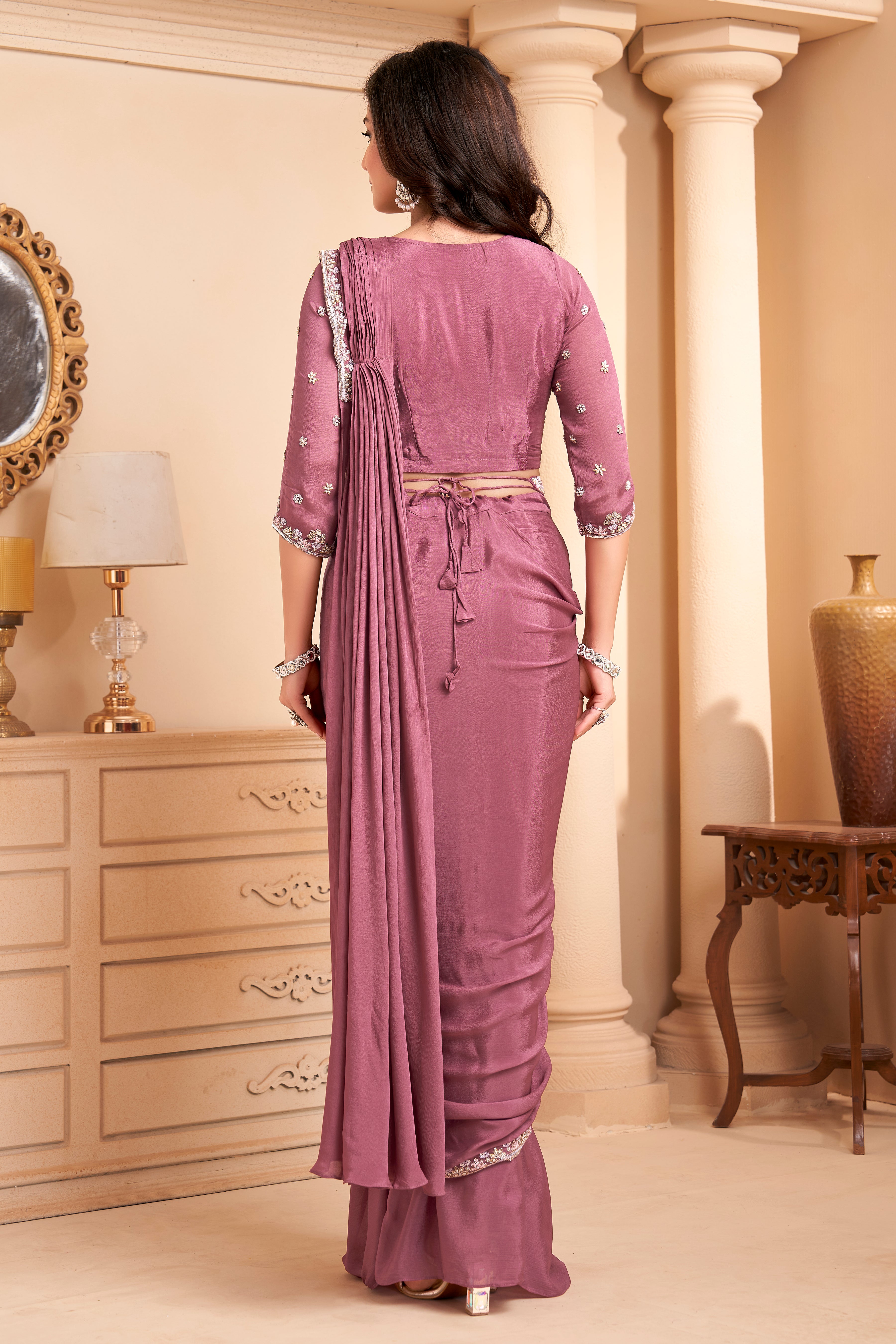 Dusty Rose Embellished Crepe Silk Drape Saree