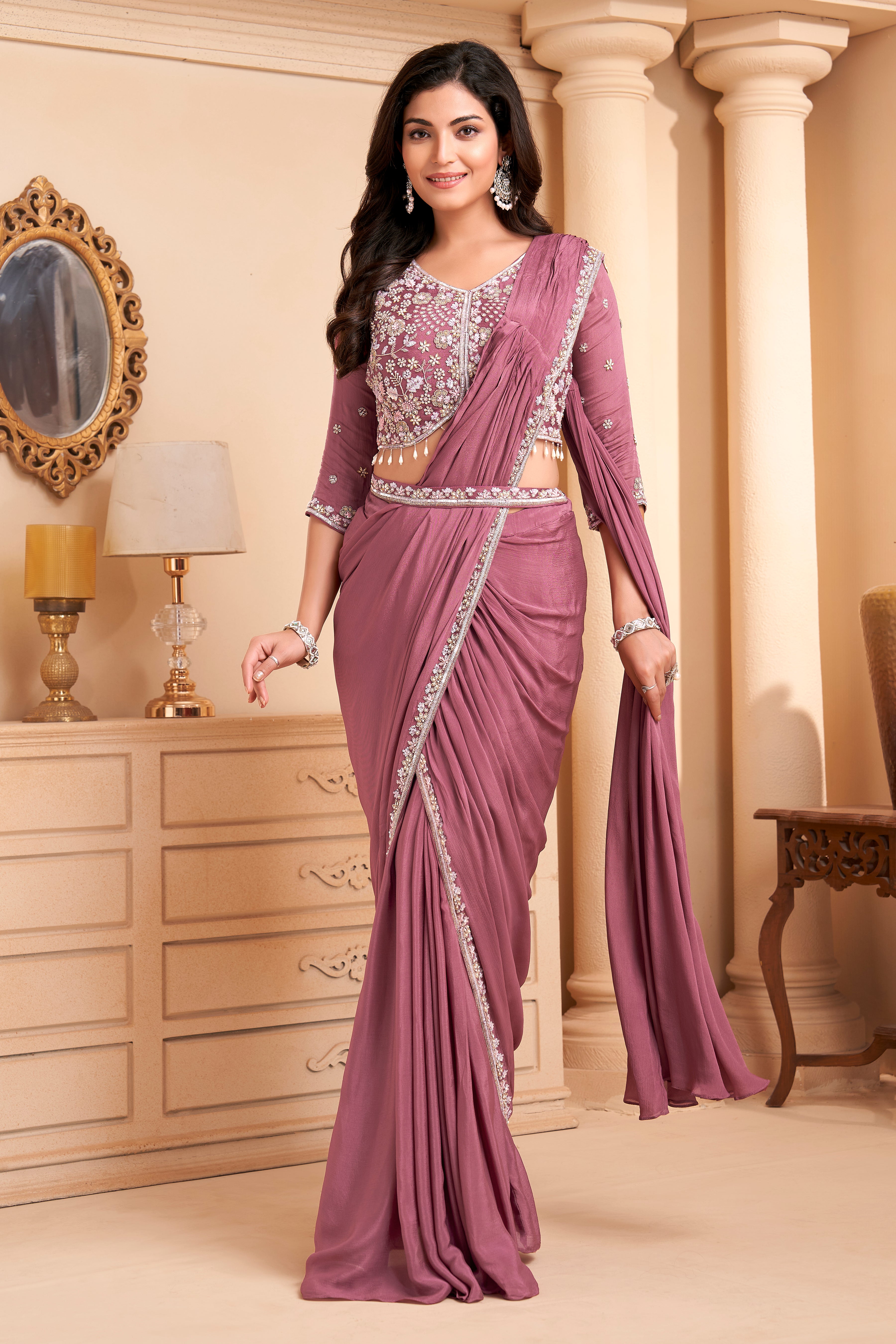 Dusty Rose Embellished Crepe Silk Drape Saree