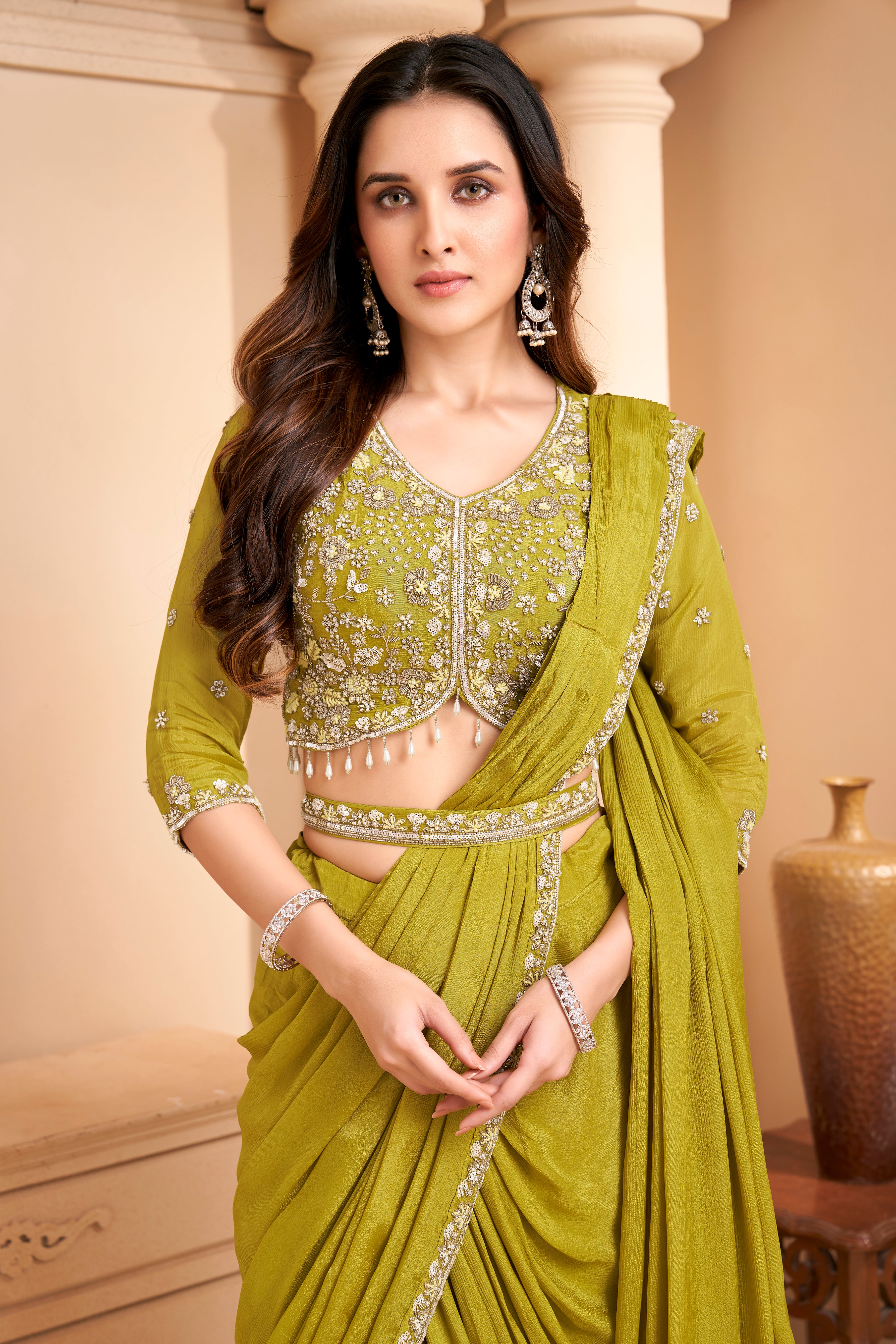 Mustard Green Embellished Crepe Silk Drape Saree